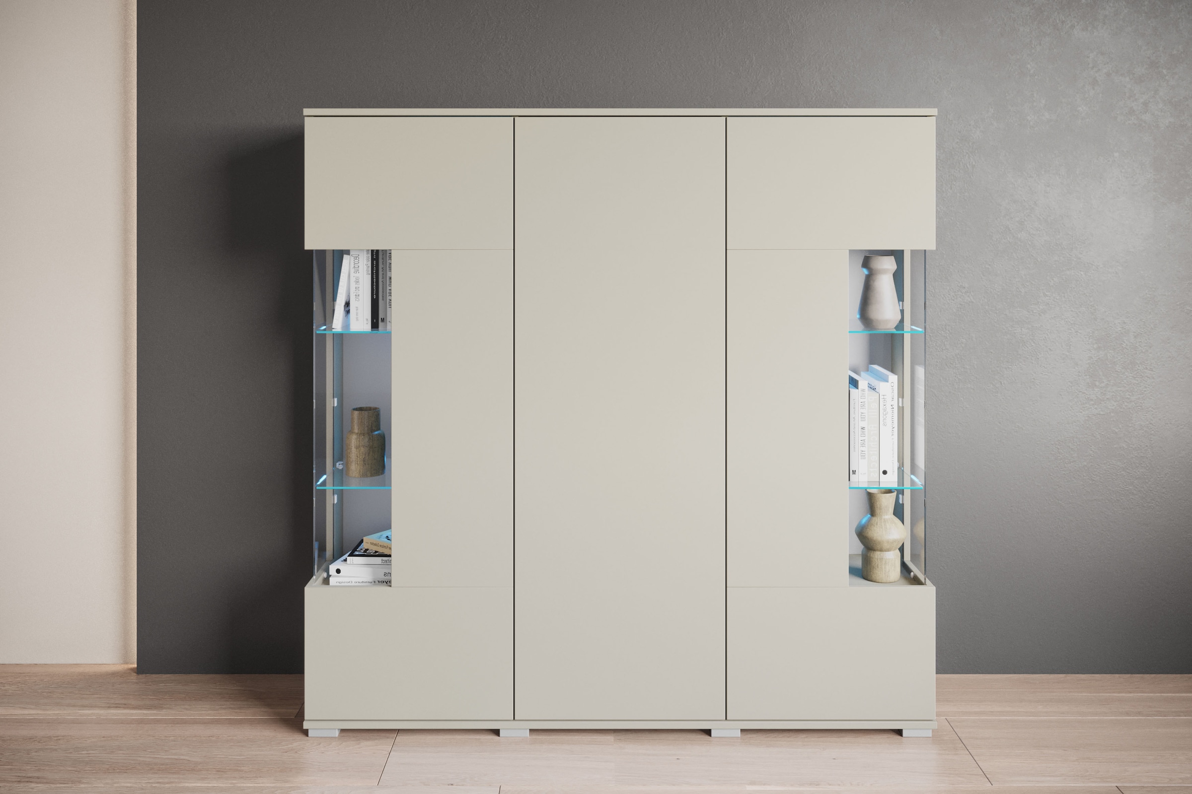 GOODproduct Buffet haut »Kenia« 1 cuis tlg. Buffet moderne, avec portes en verre, largeur 135 cm