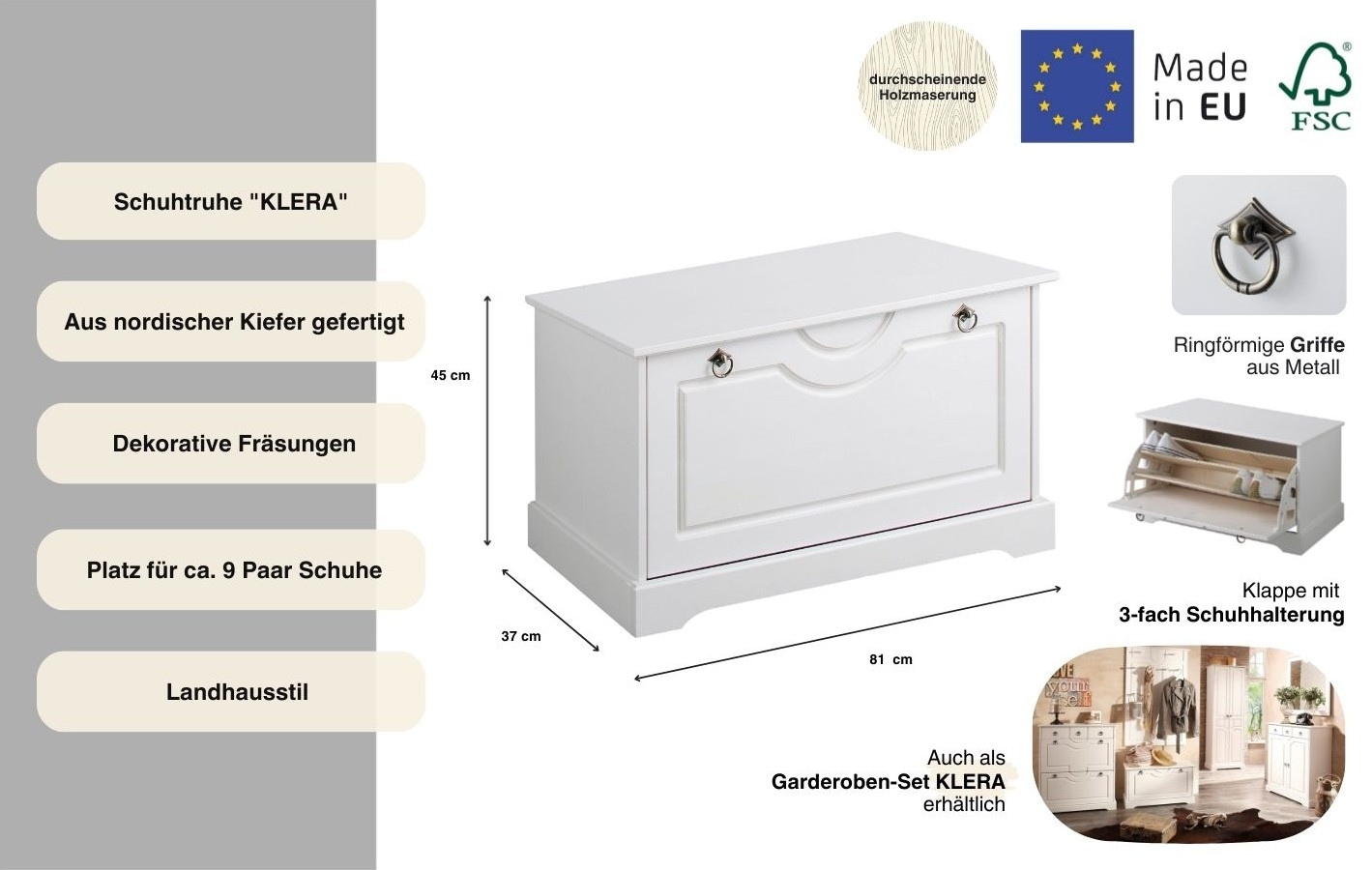 GOODproduct Coffre à chaussures »Klera, Schuhbank, mit dekorativen Fräsungen, Lanhausstil« largeur 81 cm, en pin massif, certifié FSC®