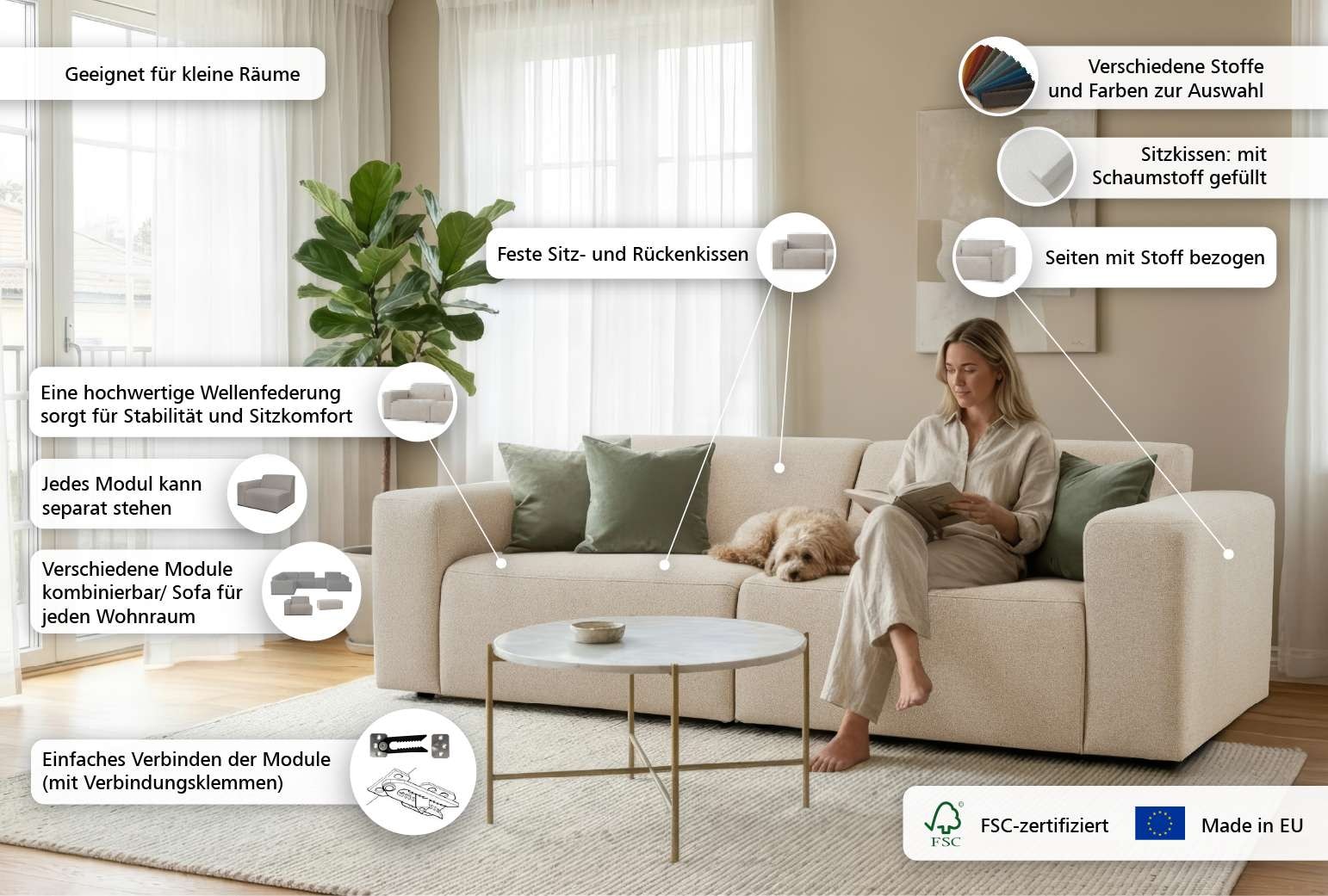GOODproduct 3-places »Koa, 228 cm, Modulsofa in Cord, Chenille, Struktur, Webstoff« Designsofa, weicher Lounge-Sitzkomfort, Welleunterfederung, bodentief