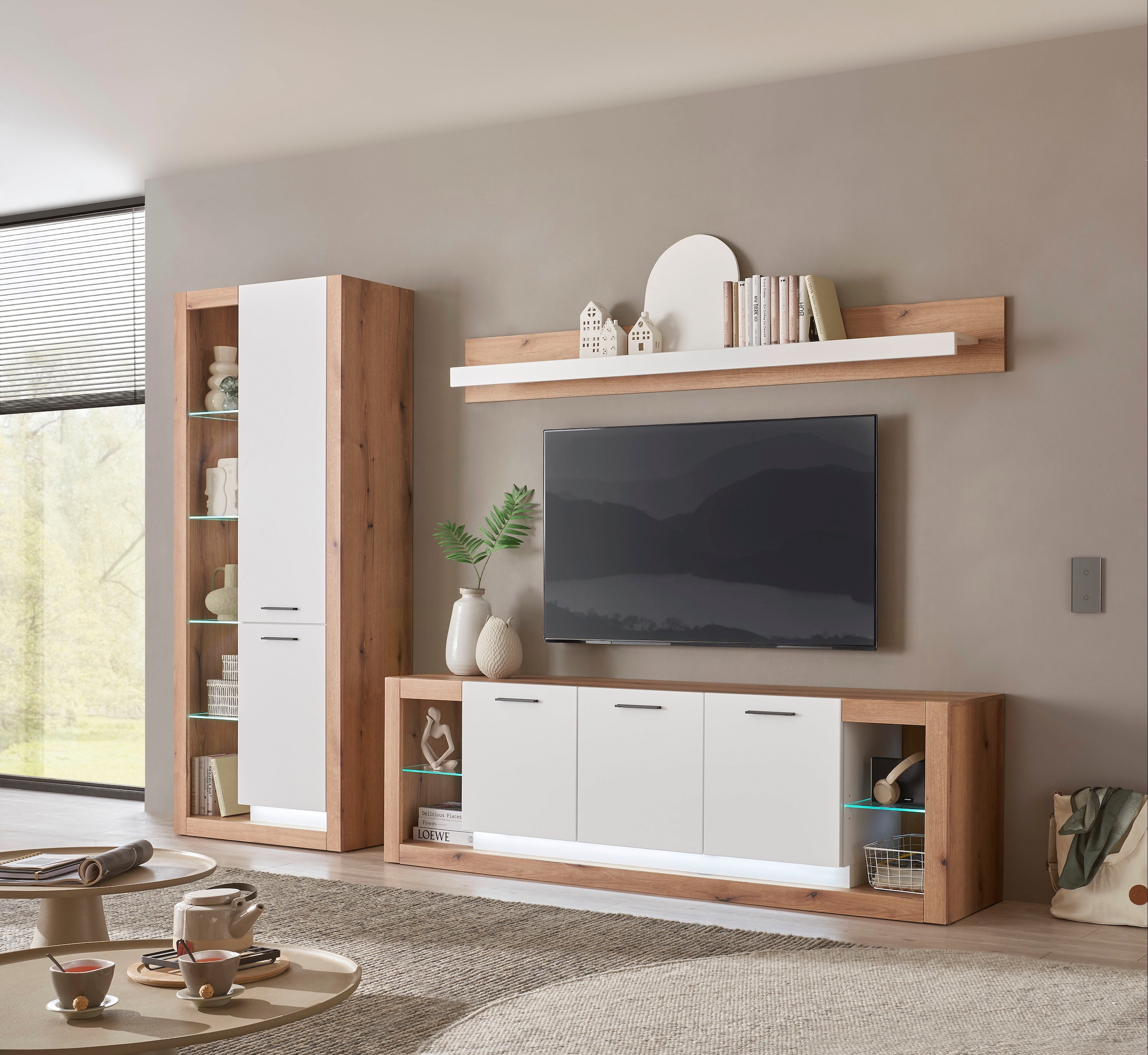 Home affaire Meuble mural »Brixen, moderne Anbauwand, Wohnzimmer-Set, Eiche Evoke Dekor mit Weiss« Set, 3 cuis tlg.