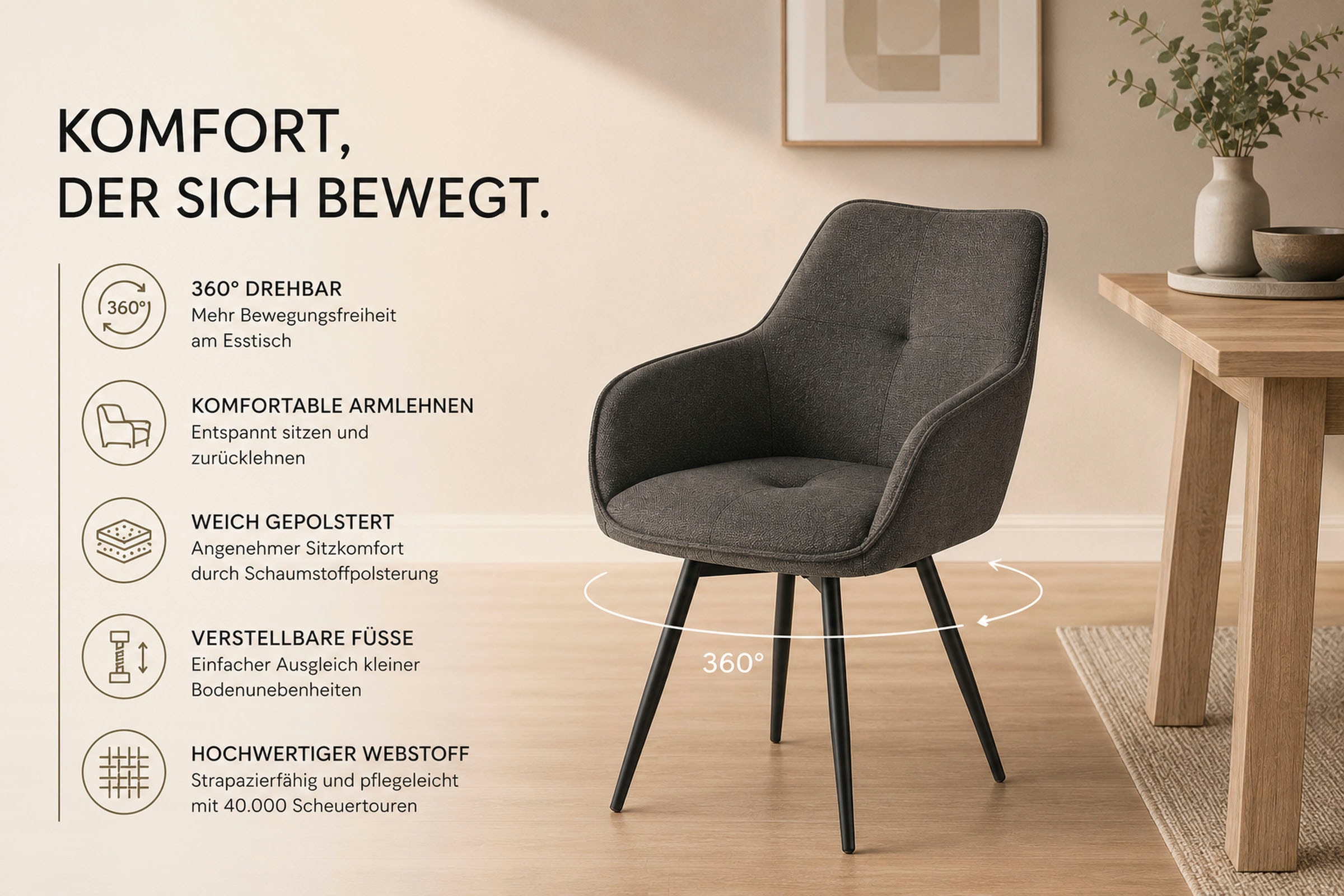 GOODproduct Esszimmerstuhl »Azura, 2er-Set« (Set) 2 Stk.Moderner Armlehnstuhl mit 360 Grad drehbarer Sitzschale in Webstoff