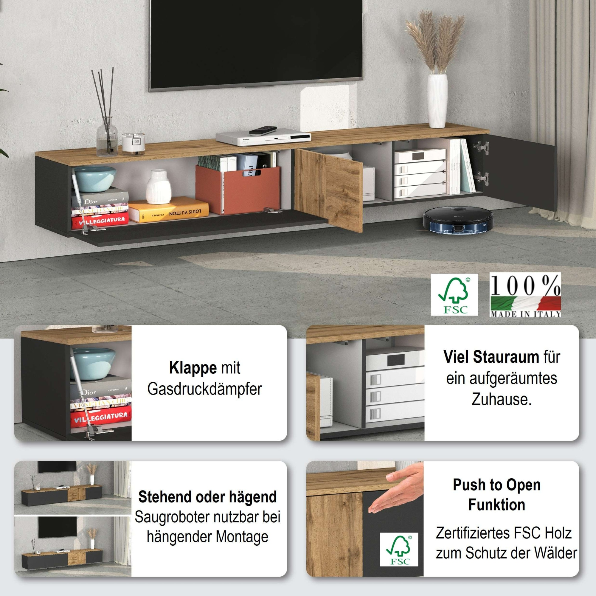 GOODproduct Table basse »ISEO, TV-Kommode,TV-Möbel,TV-Bank, 3 Fächer, Breite 210 cm« 1 cuis tlg. stehend/hängend, 1 Klappe, 2 Türen, 3 Fächer, Breite 210 cm