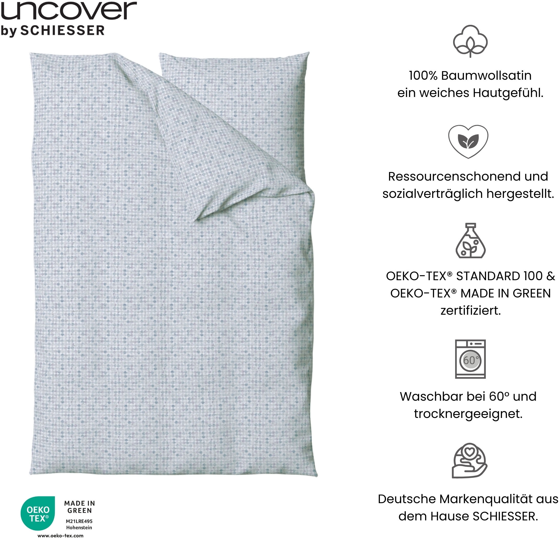uncover by SCHIESSER Linge de lit »Punto aus edlem Baumwollsatin, 135x200cm + 80x80cm« 2 cuis Made in Green