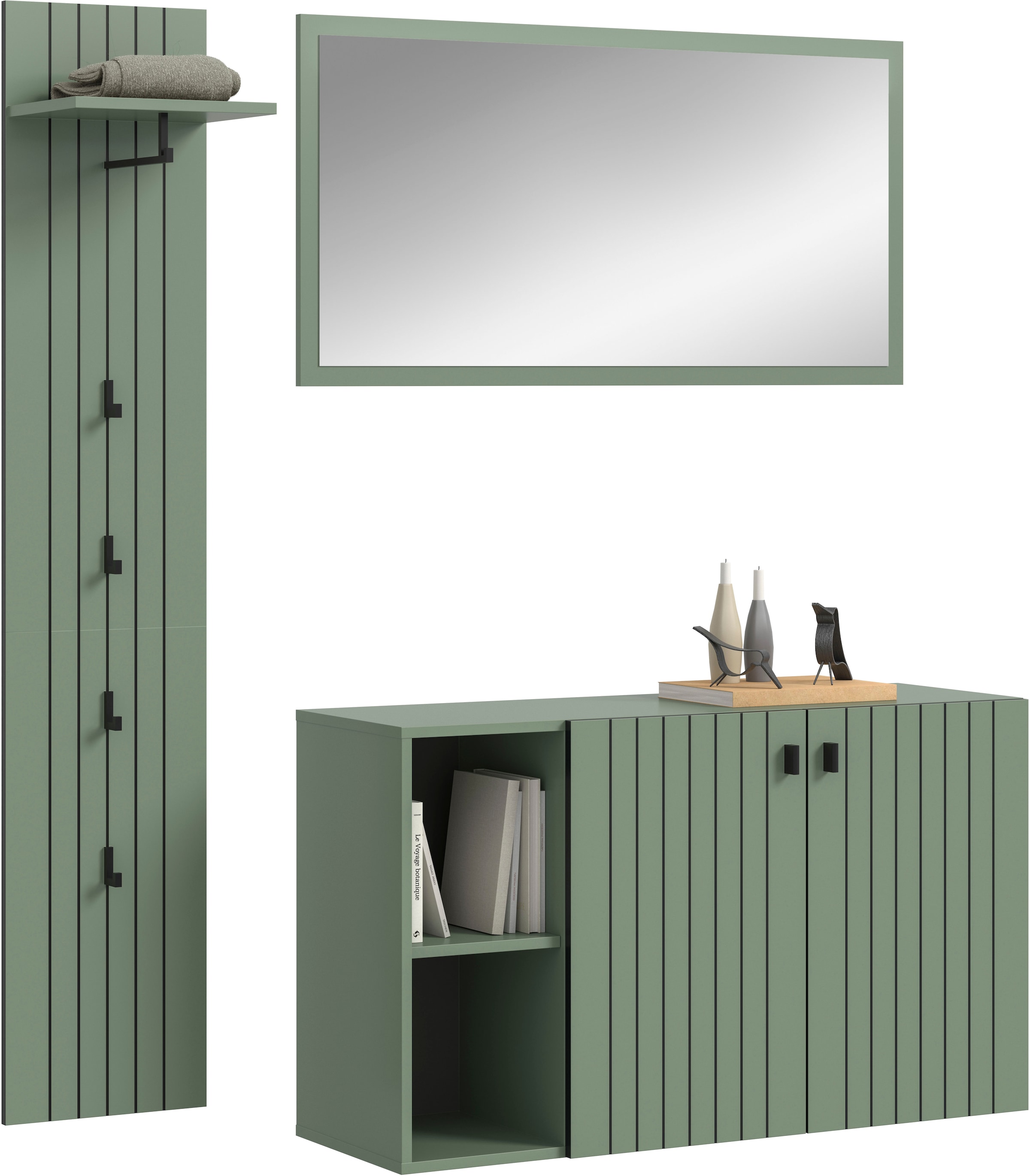 Home affaire Garderoben-Set »TATIO, 3-tlg. Garderobenkombination, Breite: 152 cm, Rilenfräsung« Set, Set, best. aus: 1 Garderobenpaneel, 1 Spiegel, 1 Schuhkommode, 3 Stk. tlg.