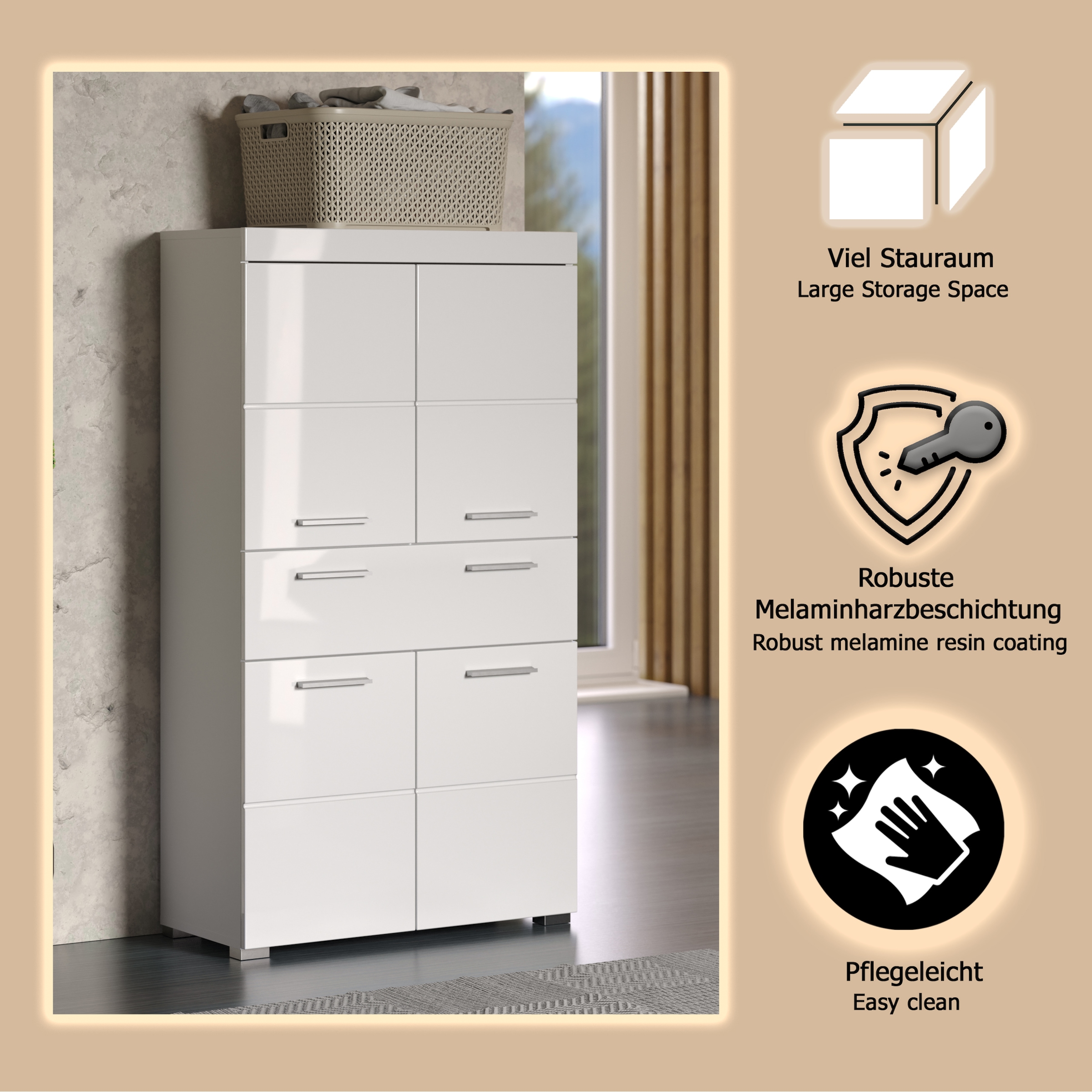 welltime Midischrank »Avena« Standschrank mit 4 Türen, 1 Schublade - (B/T/H) 73/31/130 cm