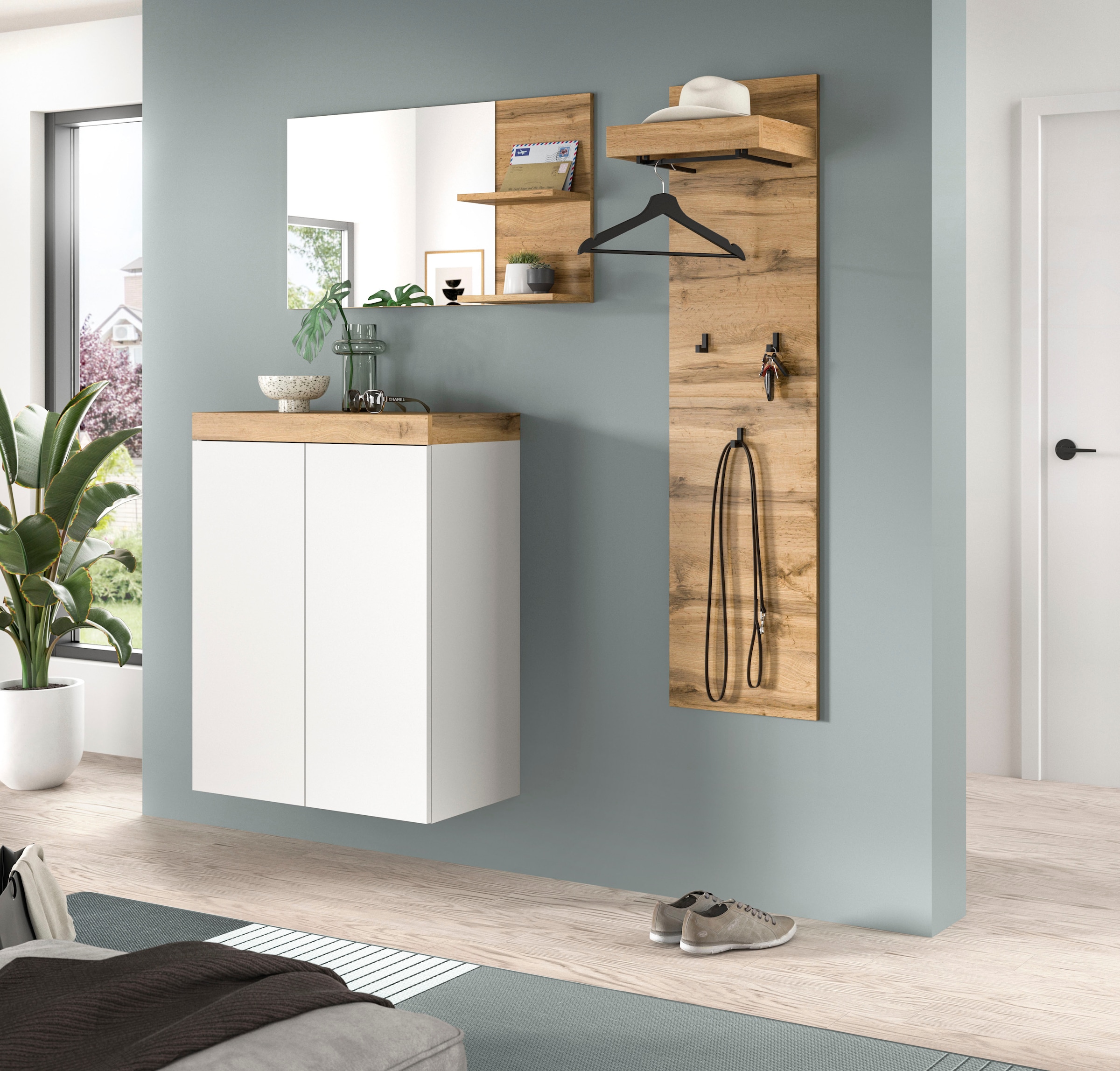 GOODproduct Ensemble de vestiaires »MAMBO, TOPSELLER!, 3-teilige Kombination, stehend & hängend montierbar« bestehend aus: Kommode, Spiegel, Garderobenpaneel, 3 cuis tlg.