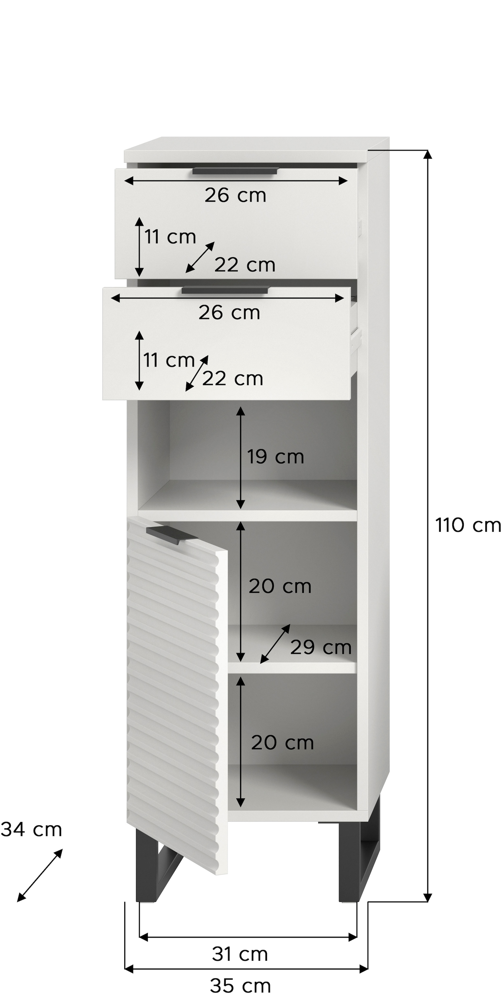 welltime Armoire basse »Litica, Höhe 110 cm, 2 Schubkästen, 1 Tür, 1 offenes Fach« Badschrank, Bad-Midischrank, Badezimmer, Bad-Möbel