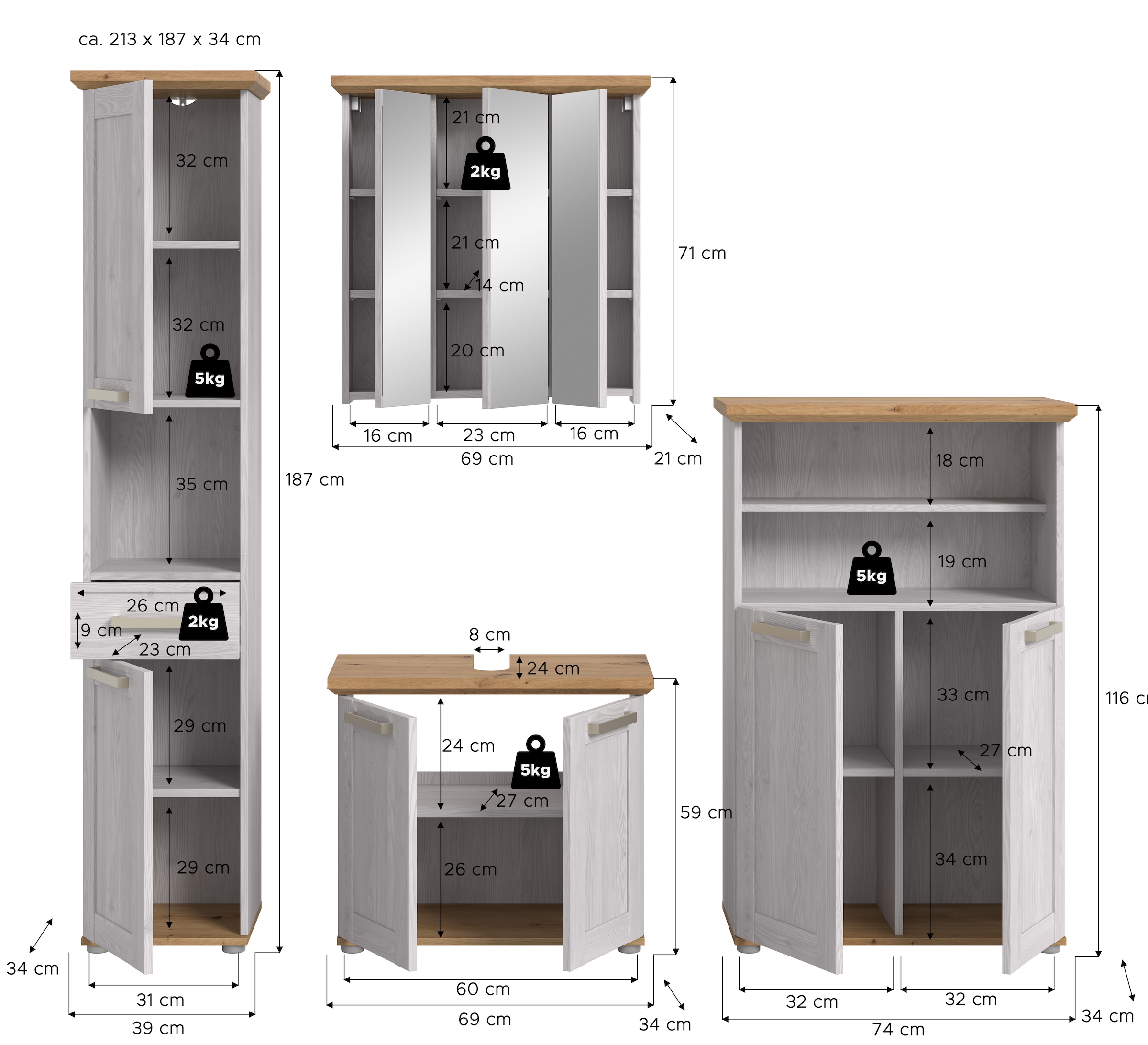 welltime Ensemble de meubles de salle de bain »COSENZA« best. aus: 1Hochschrank, 1Spiegelschrank, 1WBU, 1Midischrank, 4 cuis tlg.