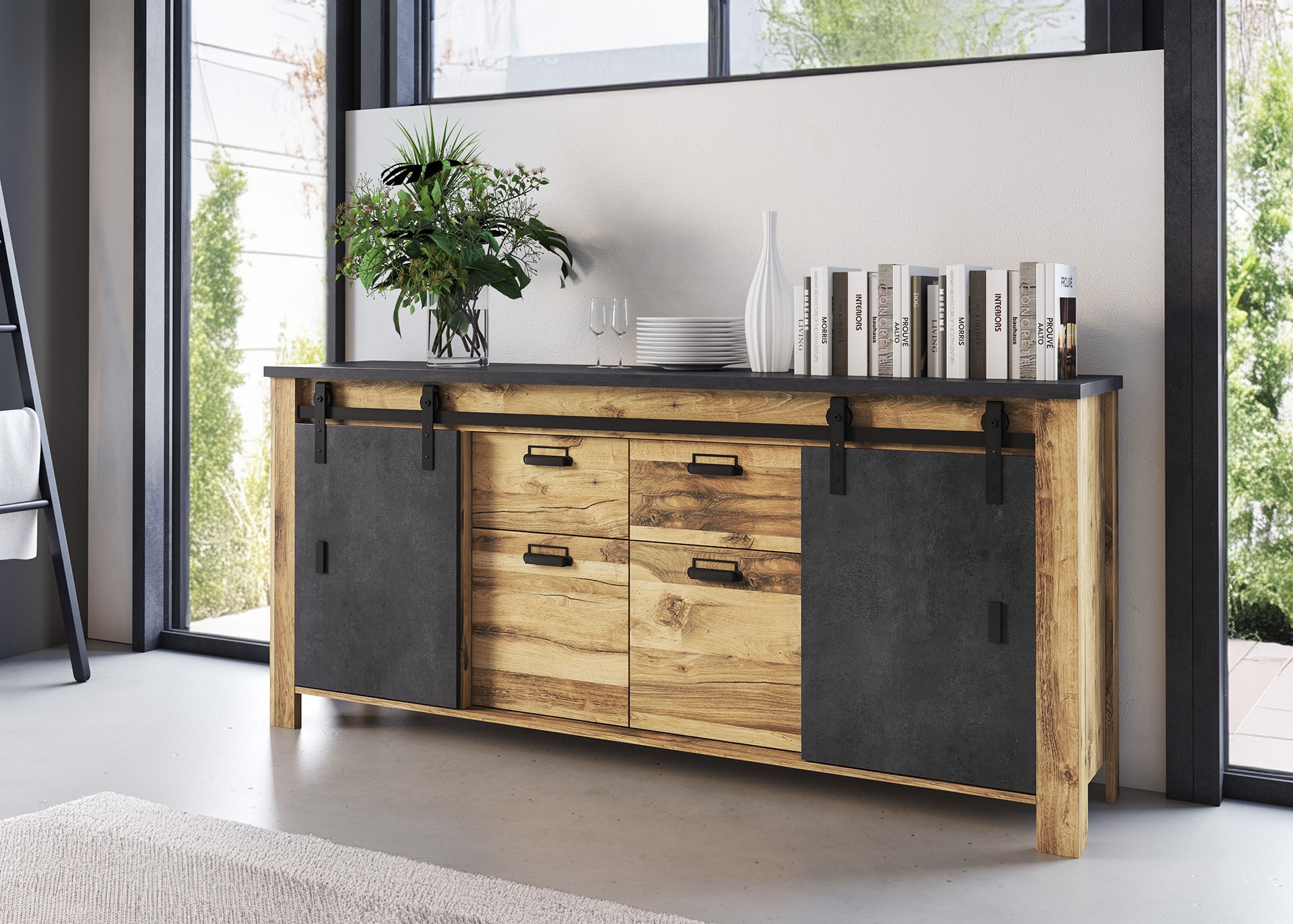 Home affaire Sideboard »York, moderner Schrank, Kommode in Hunton Oak Dekor, Industrialdesign« mit Scheunentorbeschlägen & Apothekergriffen aus Metall, 201 cm breit