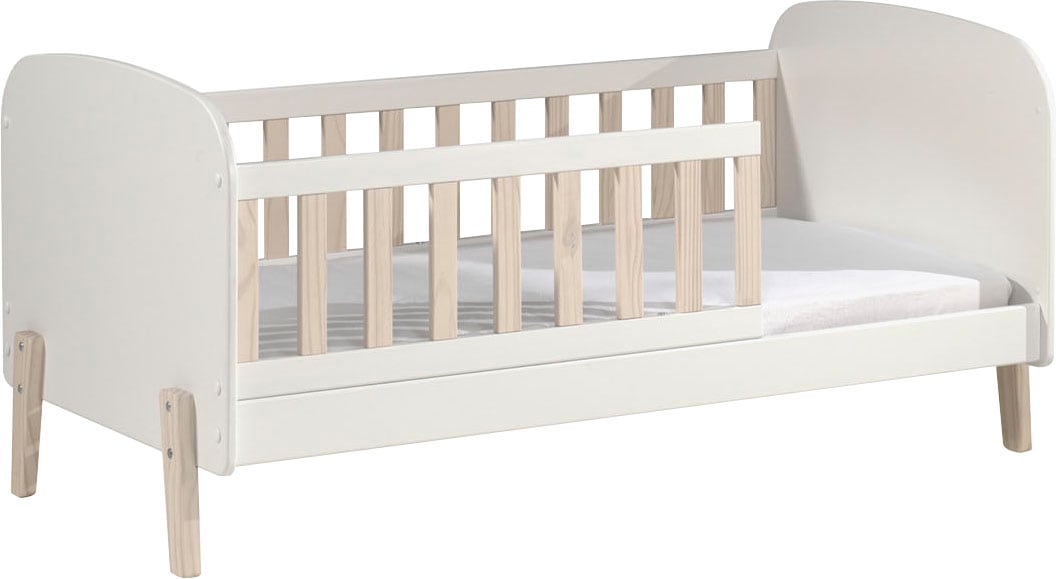 Vipack Kinderbett »Kiddy, inkl. Rolllattenrost, niedrige Einstiegshöhe, stabil gebaut« B/H/T ca. 147x68x77cm, MDF weiss lackiert, Füsse und Sprossen Kiefer,  wahlweise mit oder ohne Bettschublade als Stauraum