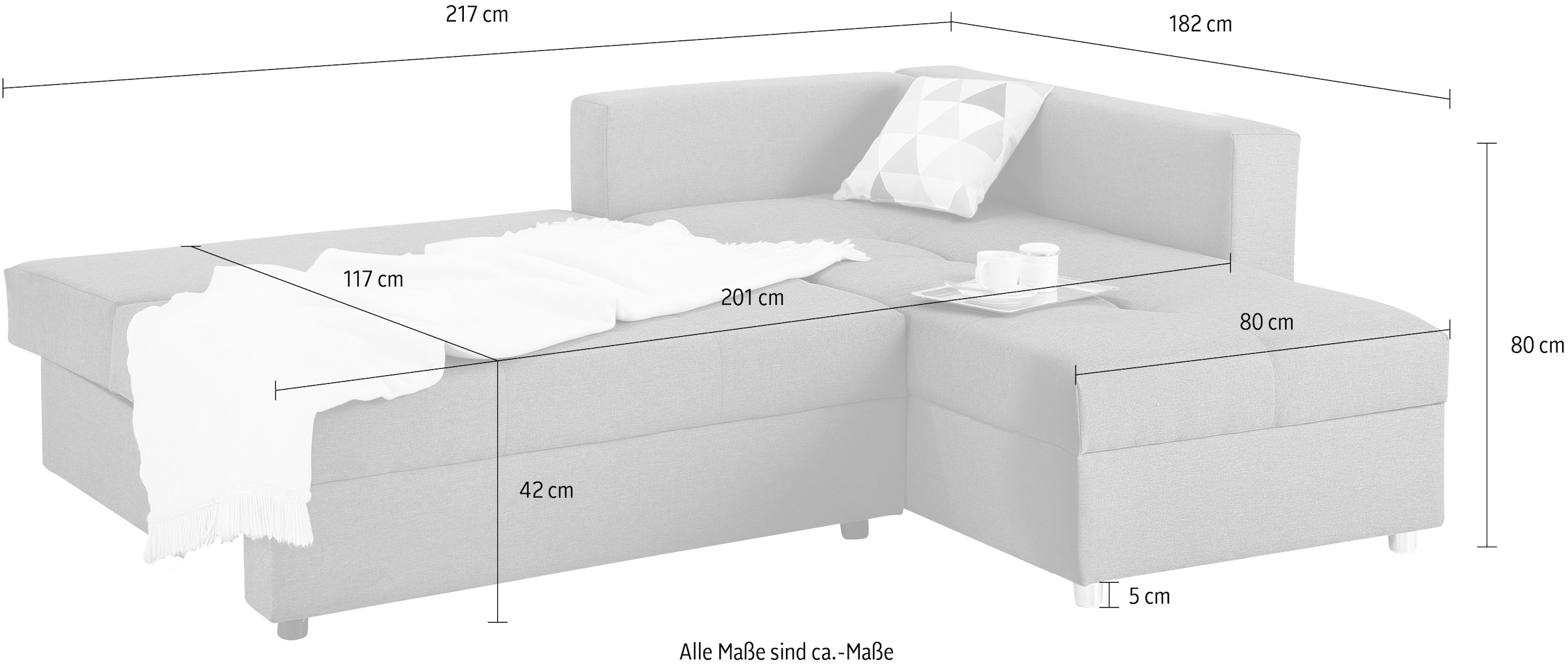 Home affaire Canapé d'angle »Italia L-Form, B: 217 cm« Bettfunktion, Bettkasten & 1 Zierkissen, Federkern
