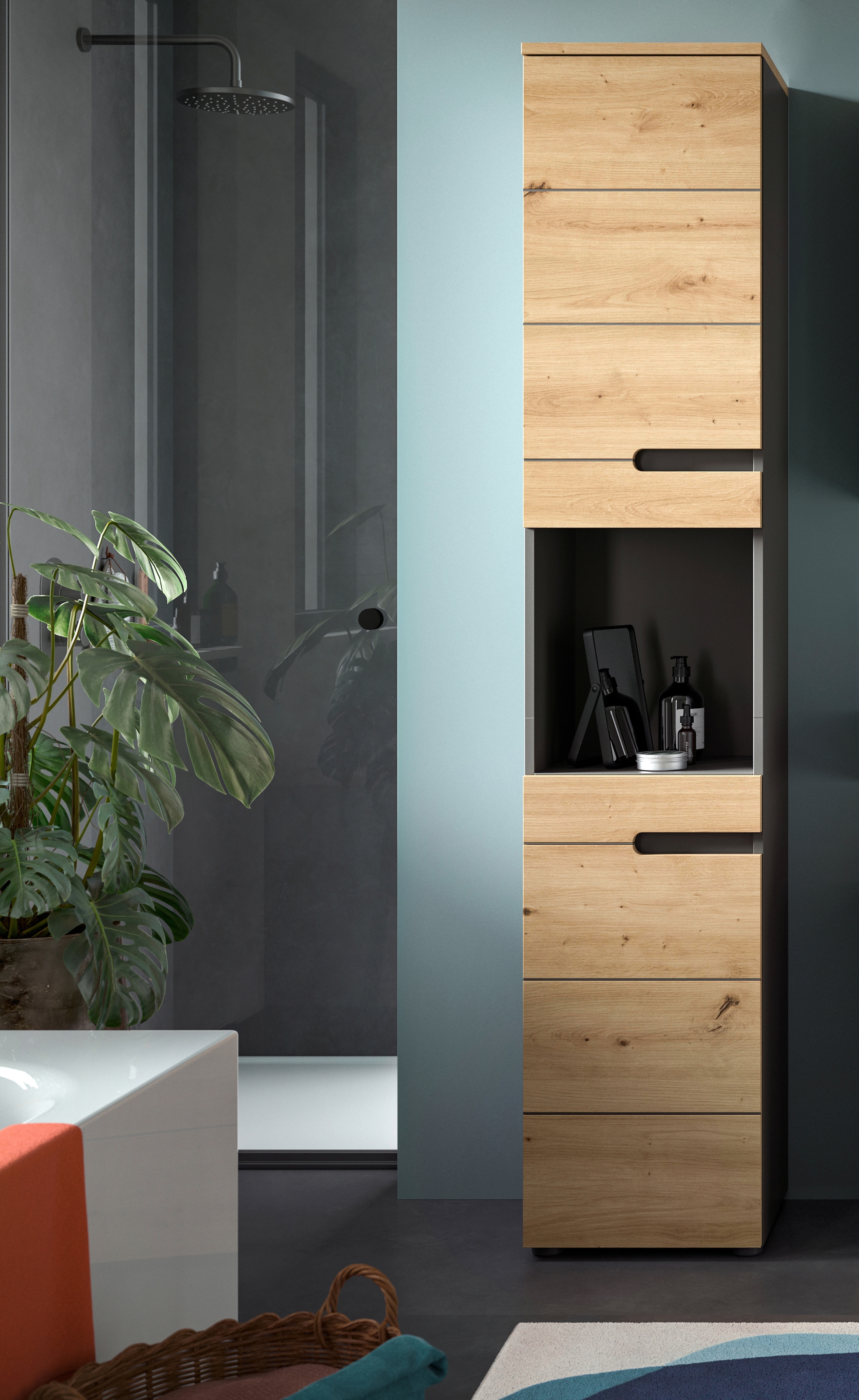 welltime Hochschrank »REHAT, Türen mit Soft-Close, eingefasste Griffaussparung in der Front« BxHxT: 38x193x34 cm, 2 Türen, 5 Fächer