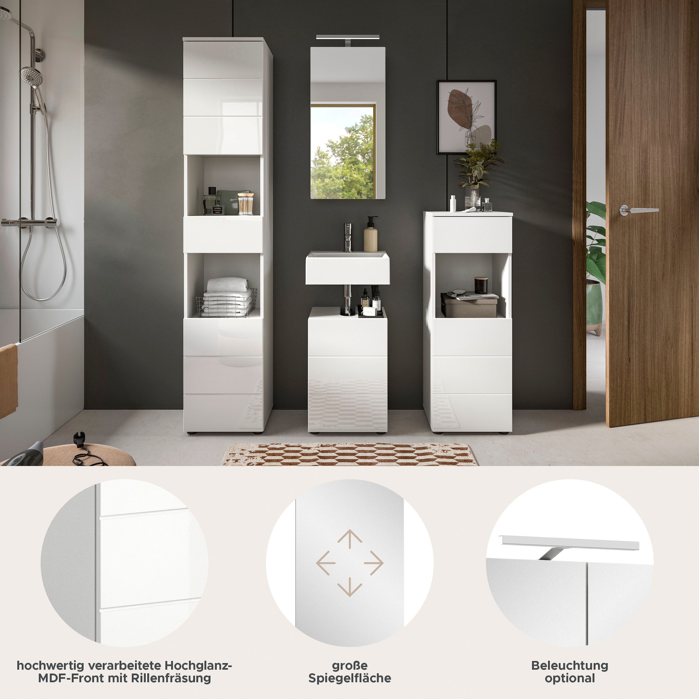 welltime Ensemble de meubles de salle de bain »Biel, Höhe 190 cm,Hochschrank,WBU, Spiegelschrank, Unterschrank, Lampe« 5 cuis tlg.
