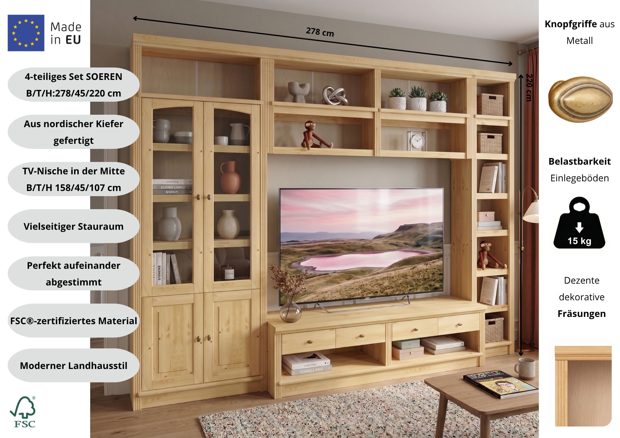 GOODproduct Meuble mural »Soeren, 1 TV-Lowboard, 1 Wandregal, 1 Bücherregal, 1 Vitrine« Ensemble, 4 cuis tlg.