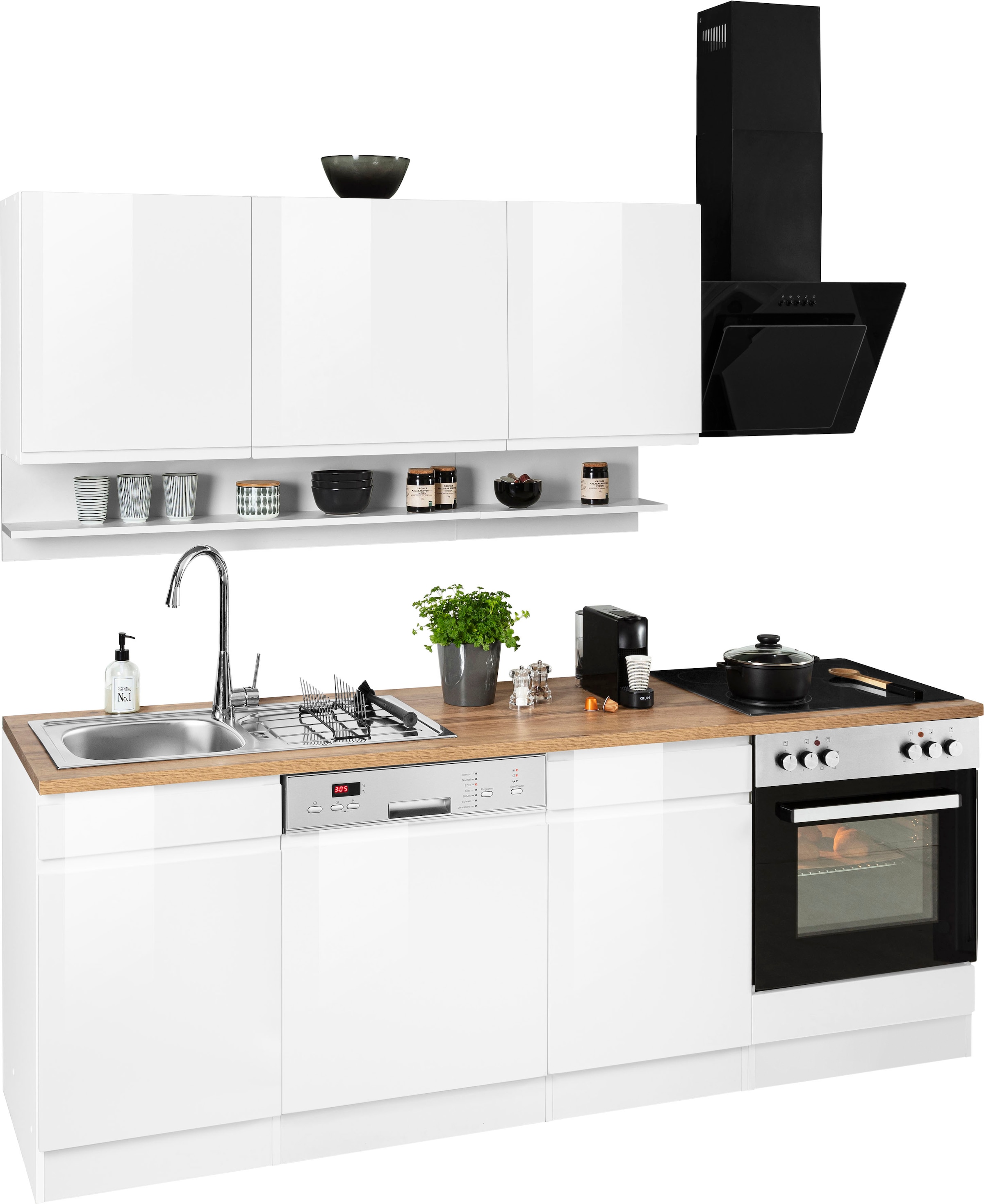 KOCHSTATION Kitchenette »KS-Virginia,neu in verbesserter Ausführung« plan de travail épaisseur 38 mm, rangement, fermeture douce,  largeur 220 cm, soft-close, avec appareils électroménagers en option