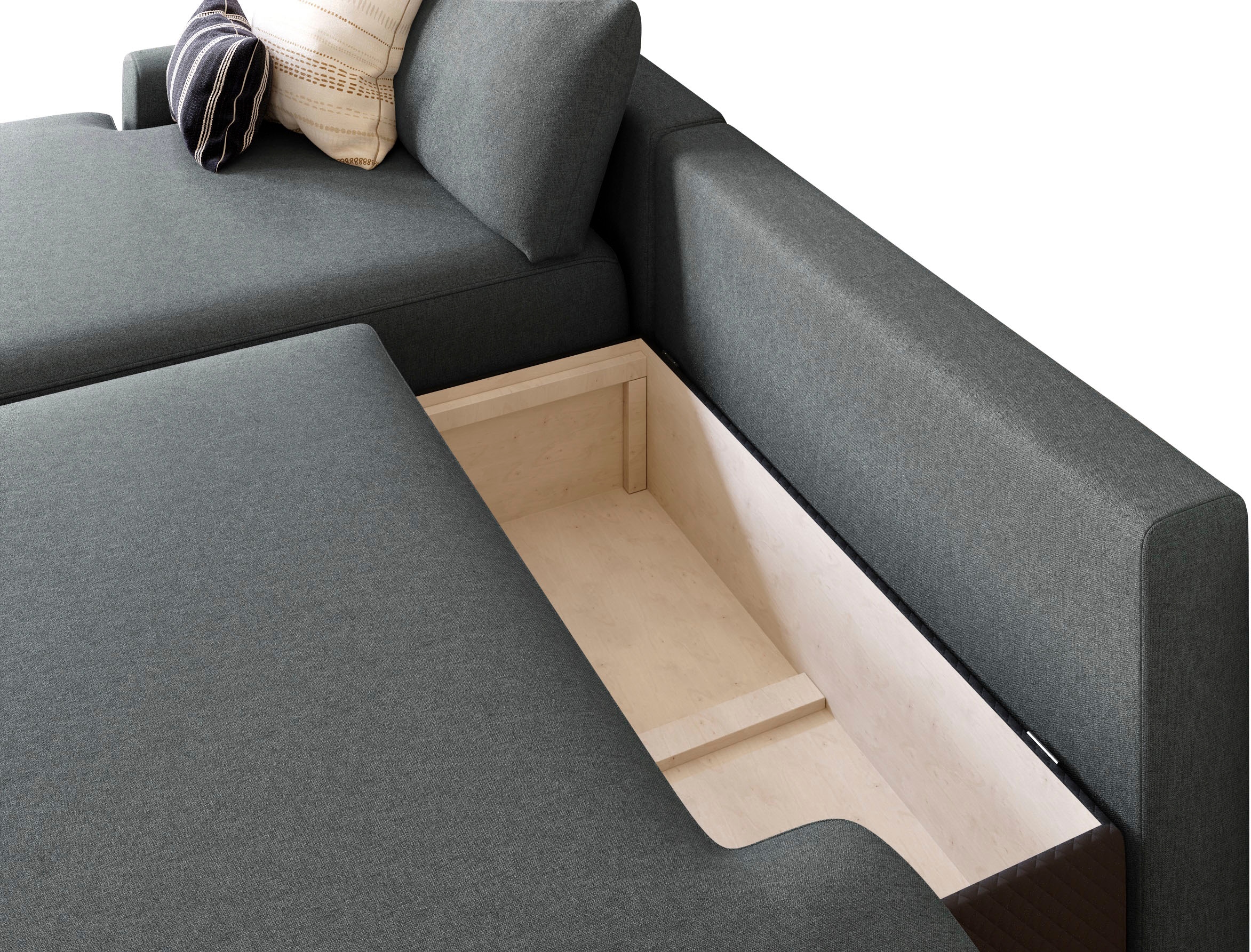 TRENDMANUFAKTUR Canapé d'angle »Prag, Schlafsofa mit Bettkasten, Couch in L-Form, Breite 253 cm« en tissu structuré fin, anthracite, méridienne à gauche