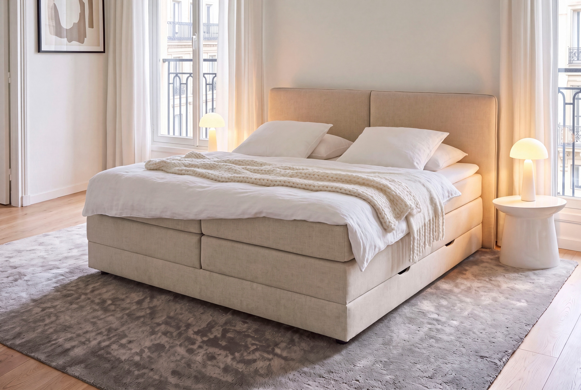 meise.möbel Lit de boxe »COLUMBIA, Polsterbett mit Bettkasten und Taschenfederkernmatratze H3« avec surmatelas en mousse froide, revêtement en tissu structuré, surface de couchage 180x200 cm
