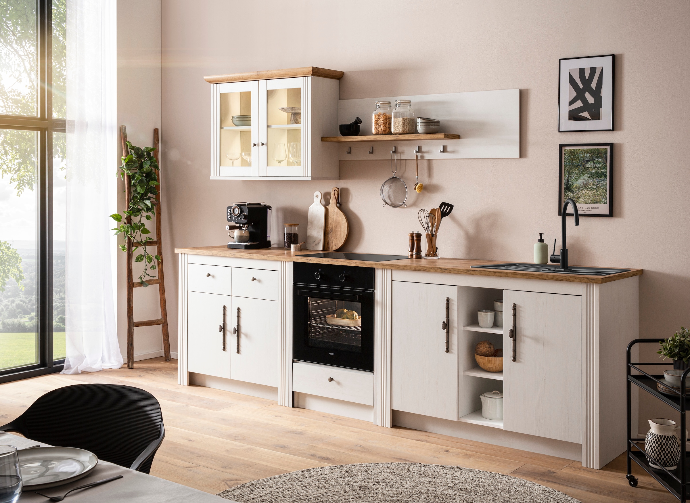 GOODproduct Küchenzeile »KS-Westminster, Pantryküche im Landhaus Stil, hochwertige Metallgriffe« Set,  Breite 294 cm, Kommoden, Wandpaneel, Hängeschrank, Herdumbau