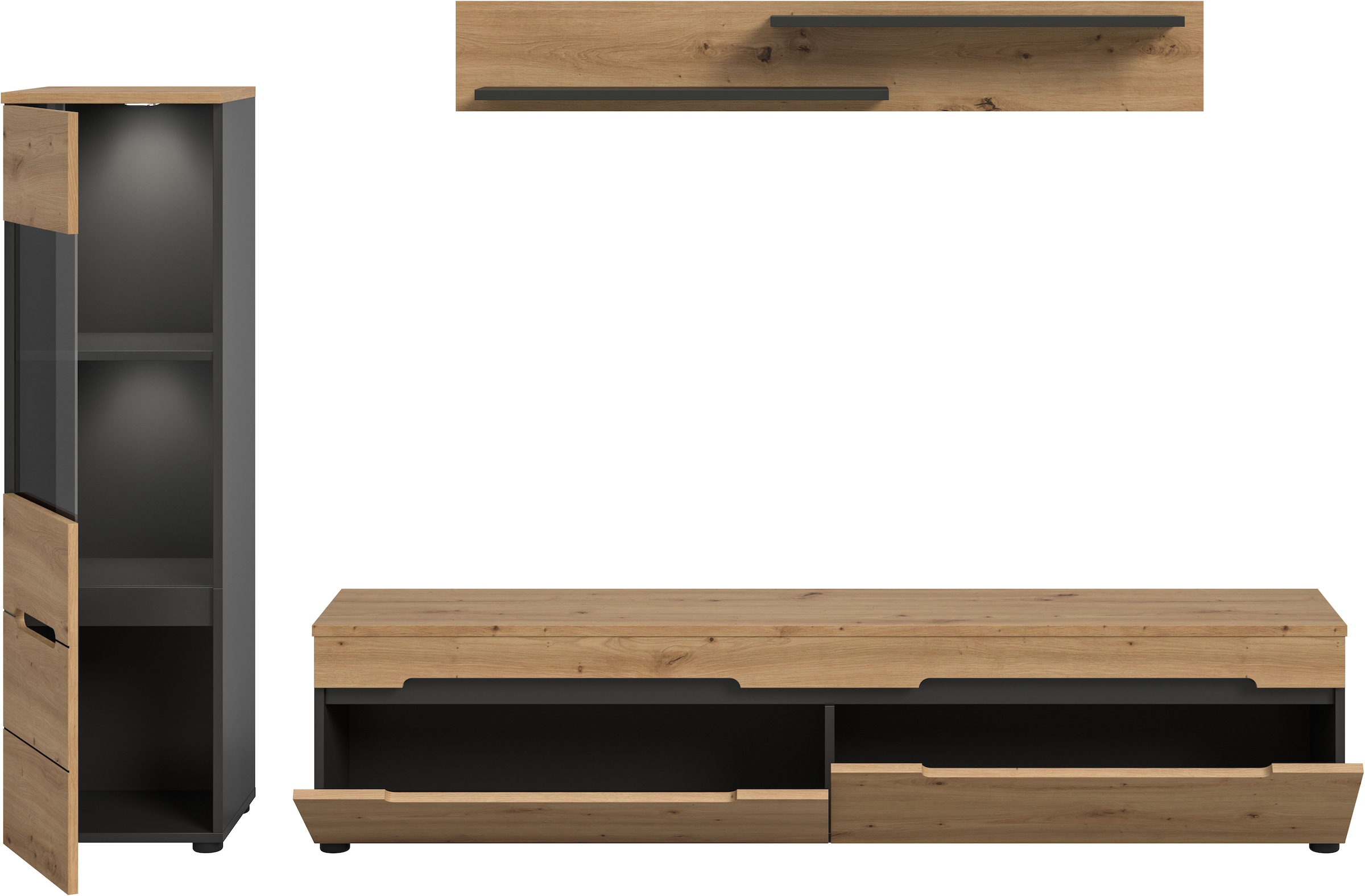 Home affaire Meuble mural »REHAT, TOPSELLER!, 3-teilig, inkl. Beleuchtung, stehend oder hängend« Set bestehend aus: Vitrine inkl. Beleuchtung, Lowboard und Wandboard, 3 cuis tlg.