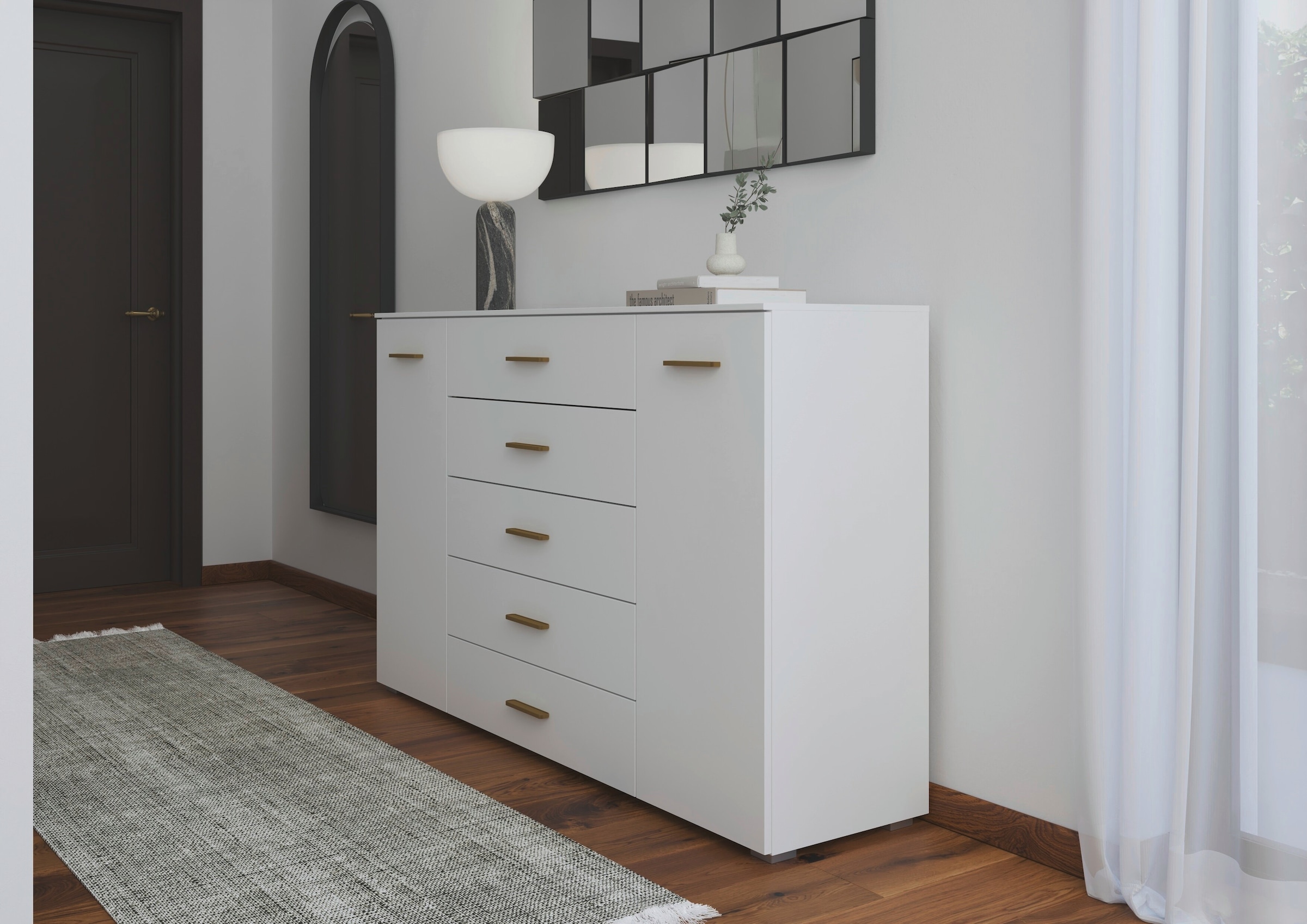 GOODproduct Kombikommode »Sideboard Schubkommode Kommode SCHNELLMONTAGESYSTEM ZELLARA« 2-türig 4 geräumige Schubladen, Griffe Gold aus Metall MADE IN GERMANY