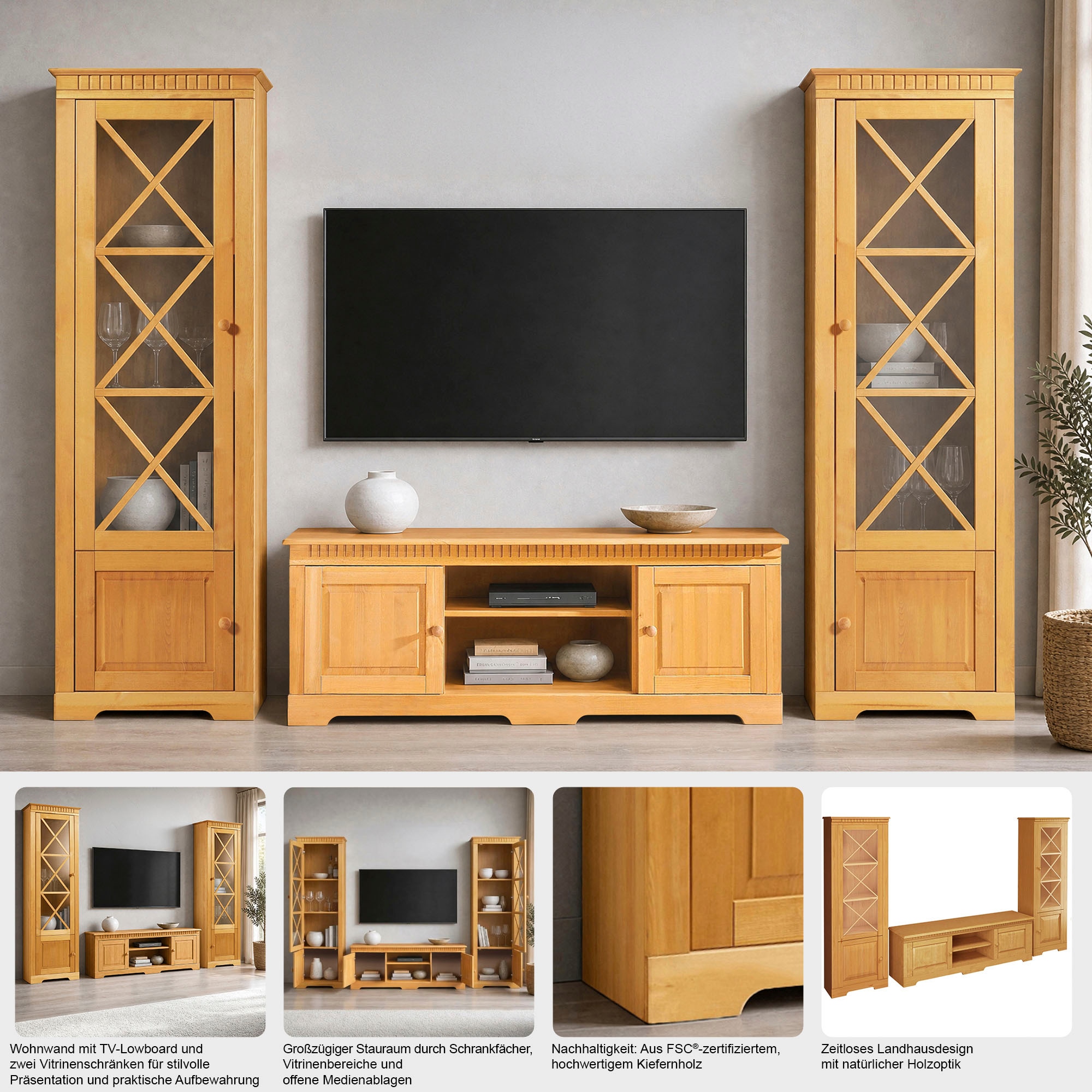 GOODproduct Wohnwand »Lisa 2 Vitrinen mit Glaseinsatz & 1 TV-Board mit dekorativen Fräsungen« Set, 3 Stk. tlg.