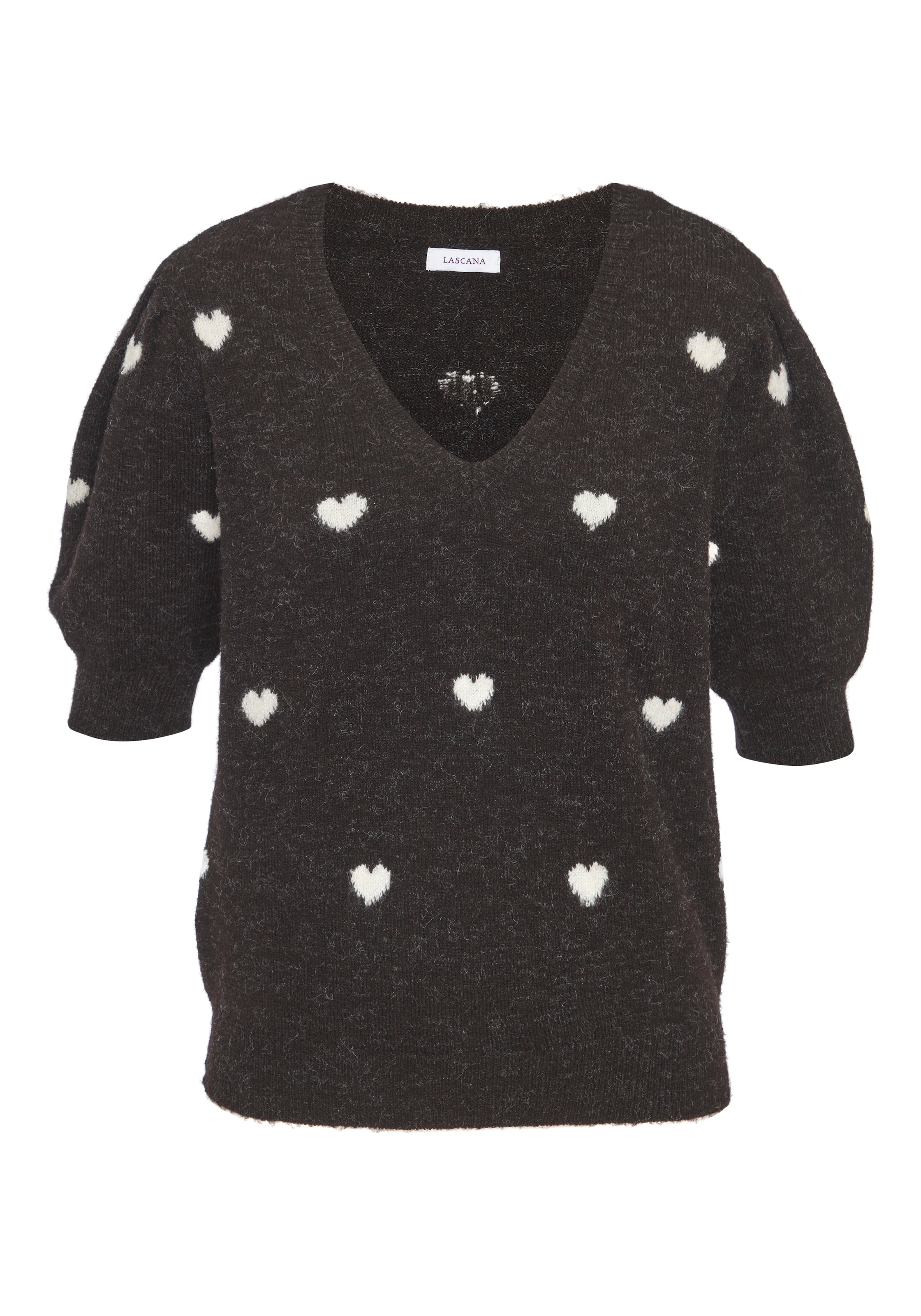 LASCANA Pull à manches courtes »mit Herzmuster, V-Pullover mit kurzen Puffärmeln« pull en maille douillet avec cœurs, pull jacquard motif cœur