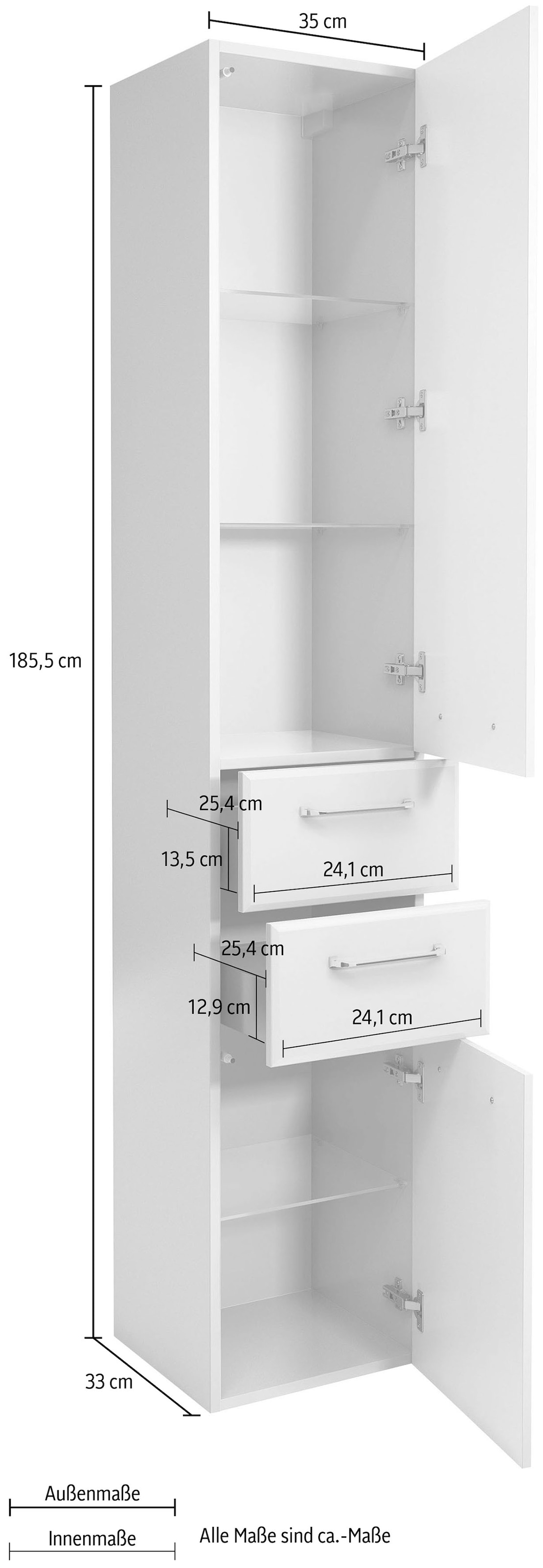 Saphir Armoire haute »Quickset Badschrank 35 cm breit, 2 Türen, 2 Schubladen, 3 Einlegeböden« armoire haute de salle de bain avec amortisseur de porte, poignées chrome brillant