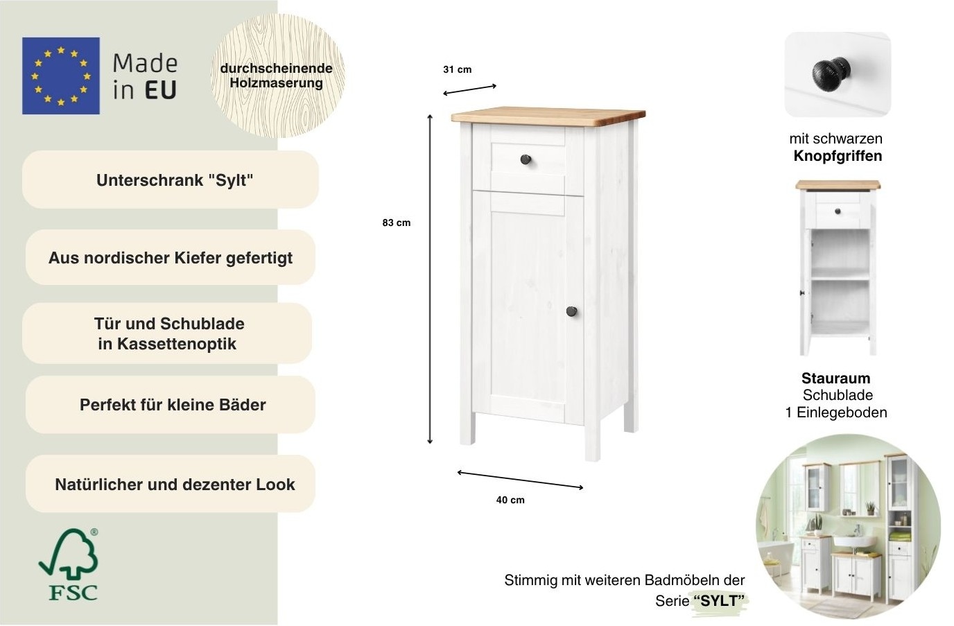 welltime Armoire basse »Sylt« Breite 40 cm, aus Massivholz Kiefer