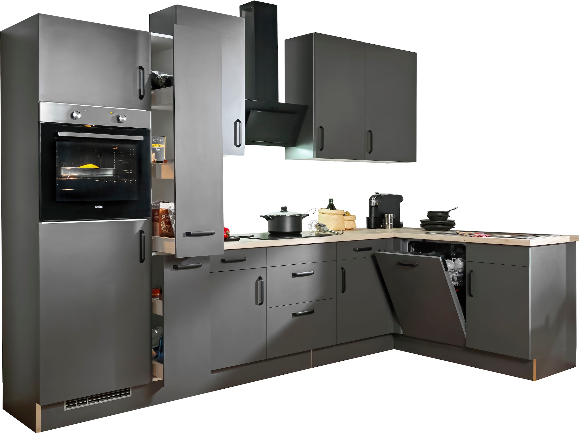 wiho Küchen Winkelküche »"Simi", mit verstellbaren Füssen, wahlweise mit E-Geräten« Soft-Close-Funktion in Schubkästen & Auszügen, Stellbreite 315/175 cm