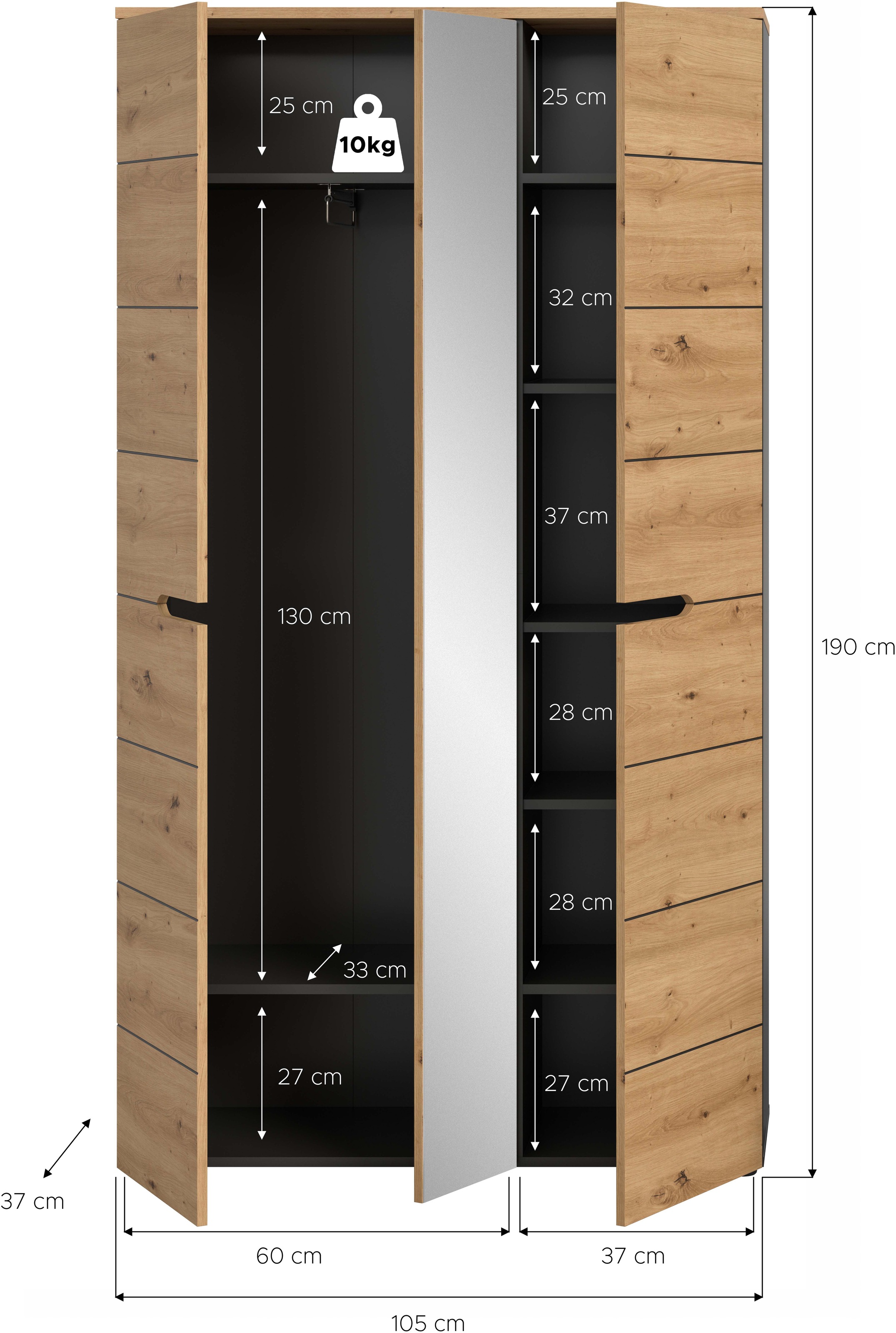 Home affaire Garderobenschrank »REHAT, TOPSELLER!, Breite 105cm, mit Spiegeltür, viel Stauraum« Platz für ca. 23 Paar Schuhe,  Garderobe, Flurschrank, Dielenschrank, Kleiderschrank, Garderobenmöbel