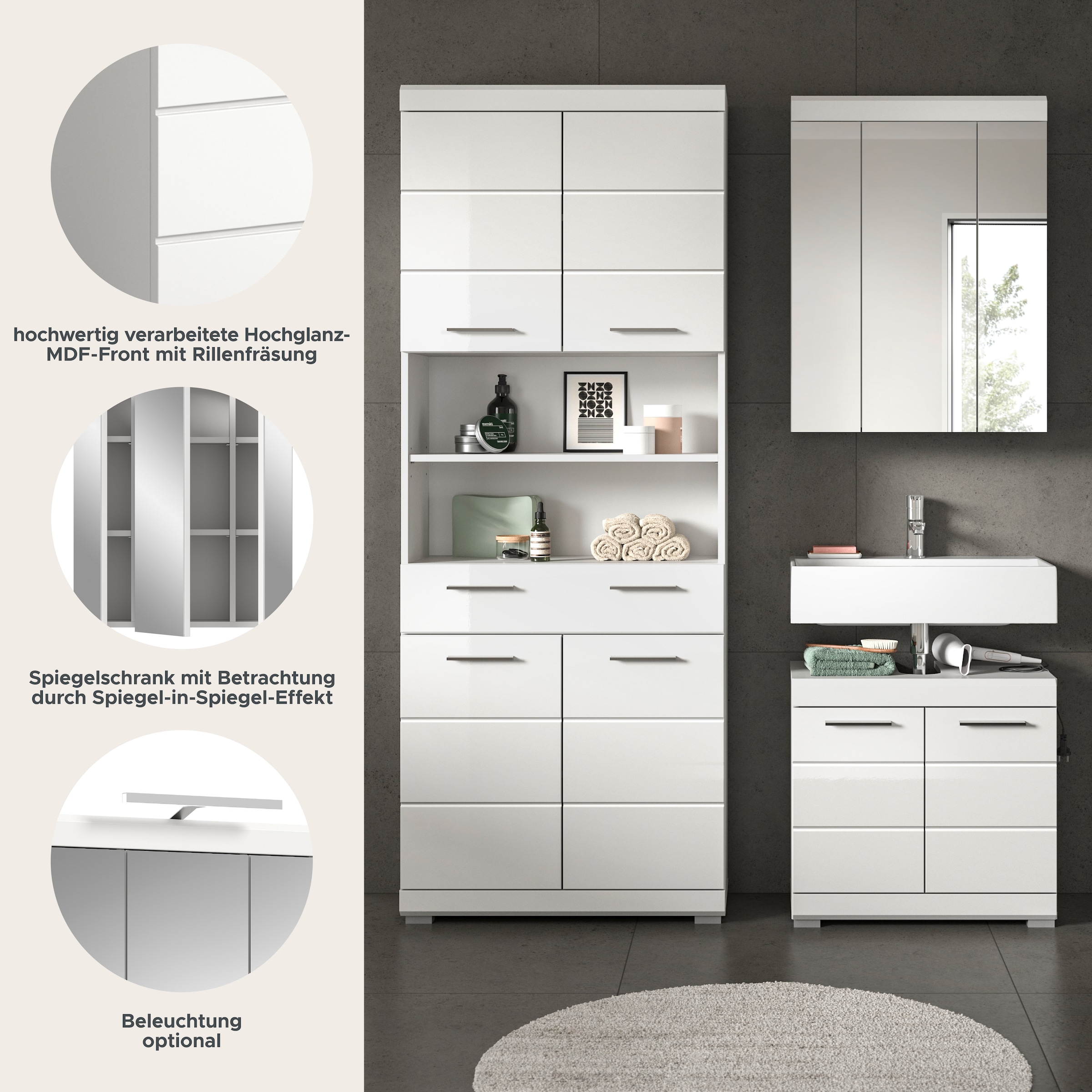 INOSIGN Badmöbel-Set »SIENA, TOPSELLER!, Breite 149cm, 3-teiliges Set« Set, bestehend aus: Hochschrank, Waschbeckenunterschrank & Spiegelschrank, 3 Stk. tlg.