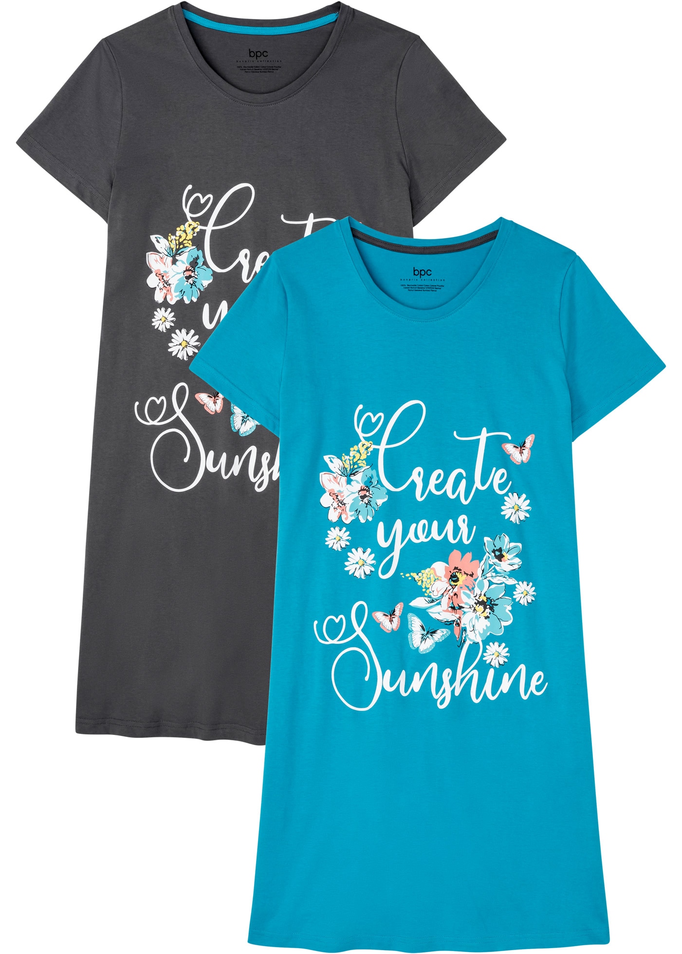 bonprix Chemise de nuit Packung, 2 tlg. für entspannte Stunden zu Hause, aus Baumwolle, mit kurzem Arm