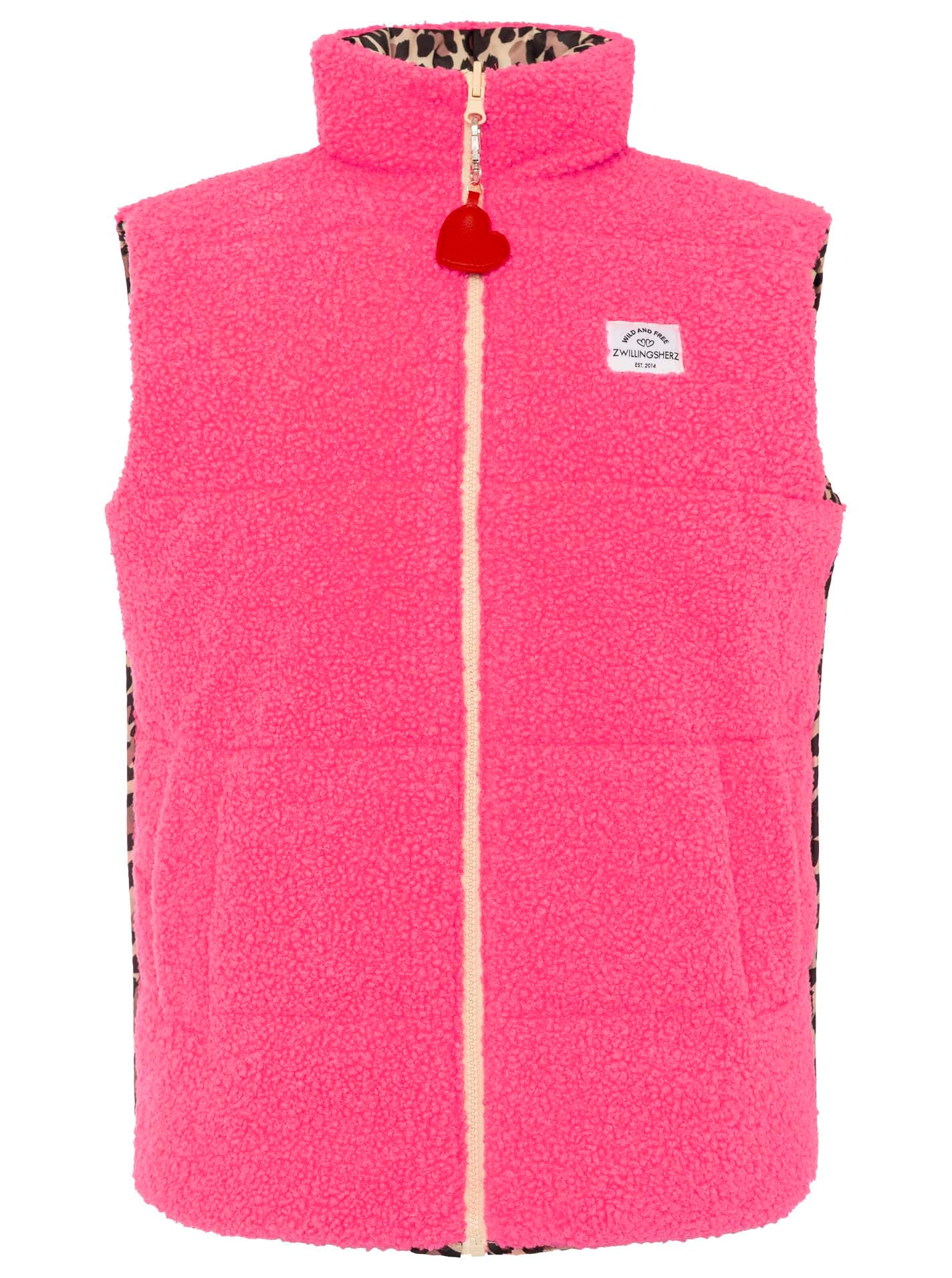 Zwillingsherz Gilet réversible »"Leo Teddy"« réversible, avec fermeture éclair, pendentif cœur, motif léopard, poches latérales
