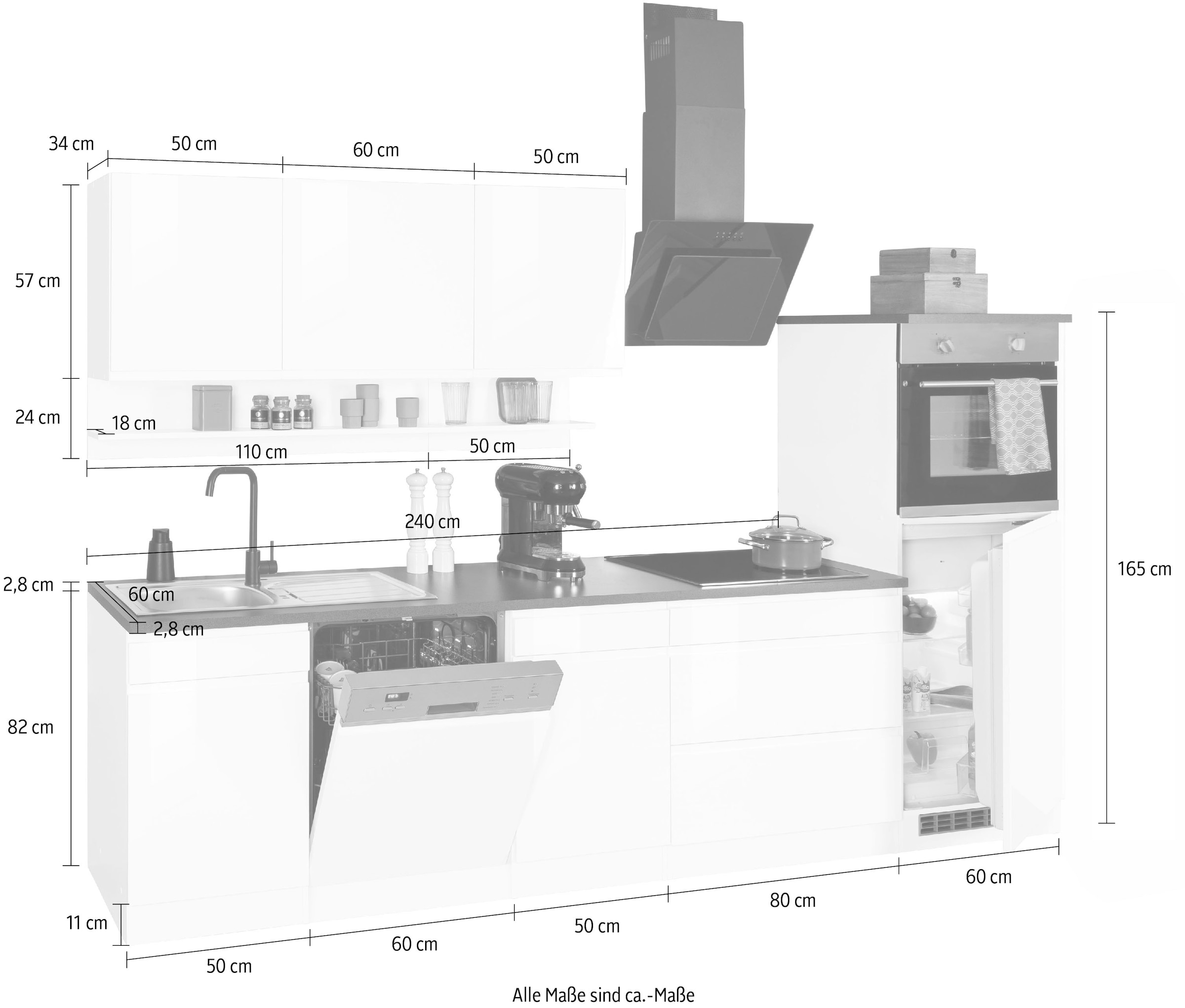 KOCHSTATION Kitchenette »KS-Virginia,neu in verbesserter Ausführung« plan de travail épaisseur 38 mm, rangement, fermeture douce,  largeur 300 cm, soft-close, sans appareils électriques