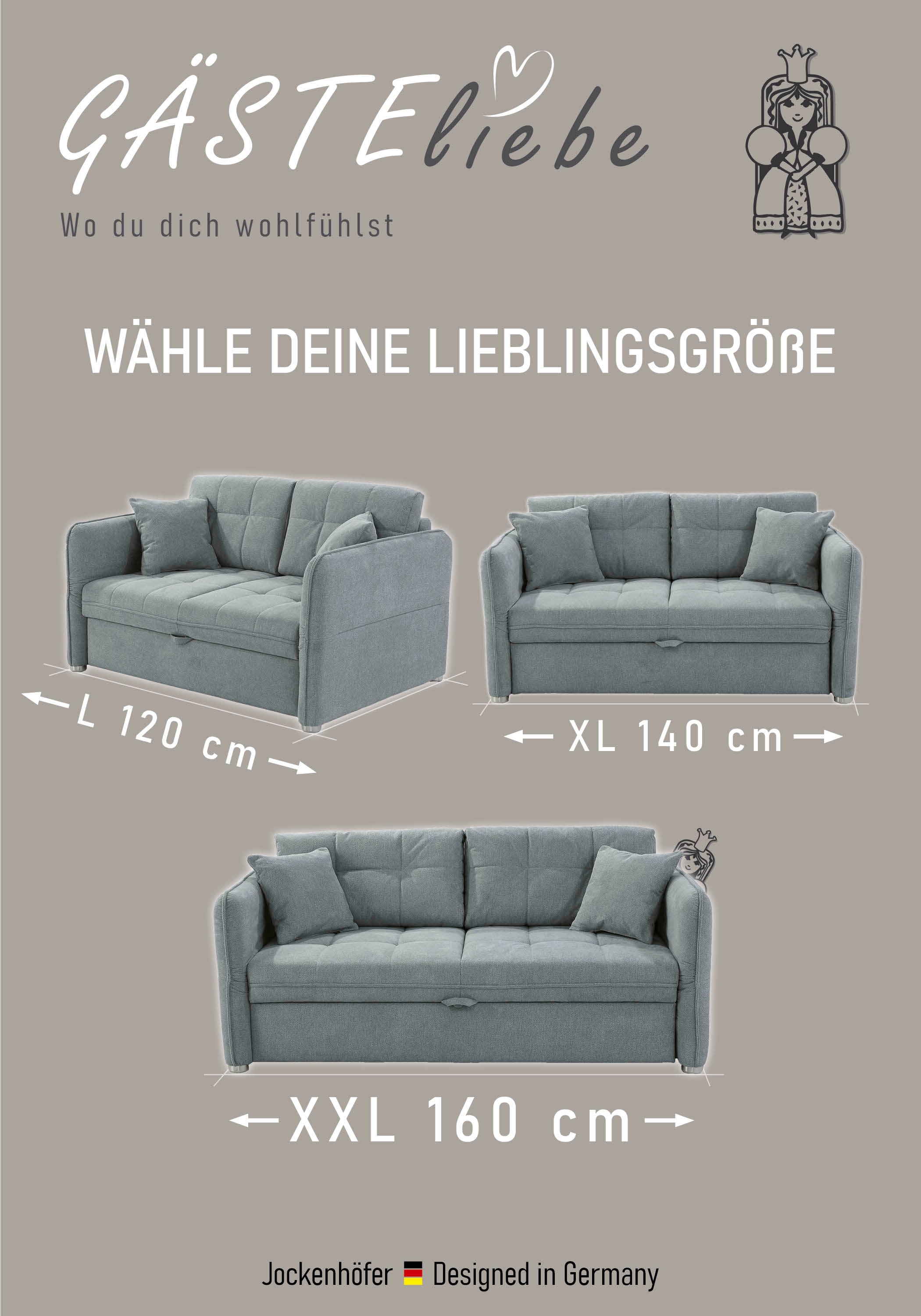 Jockenhöfer Gruppe Schlafsofa »Leon, B: 147 - 187 cm, Liegefl. 120 - 160x200 cm, Breite wählbar« mit Schlaffunktion & Zierkissen, in 3 Breiten