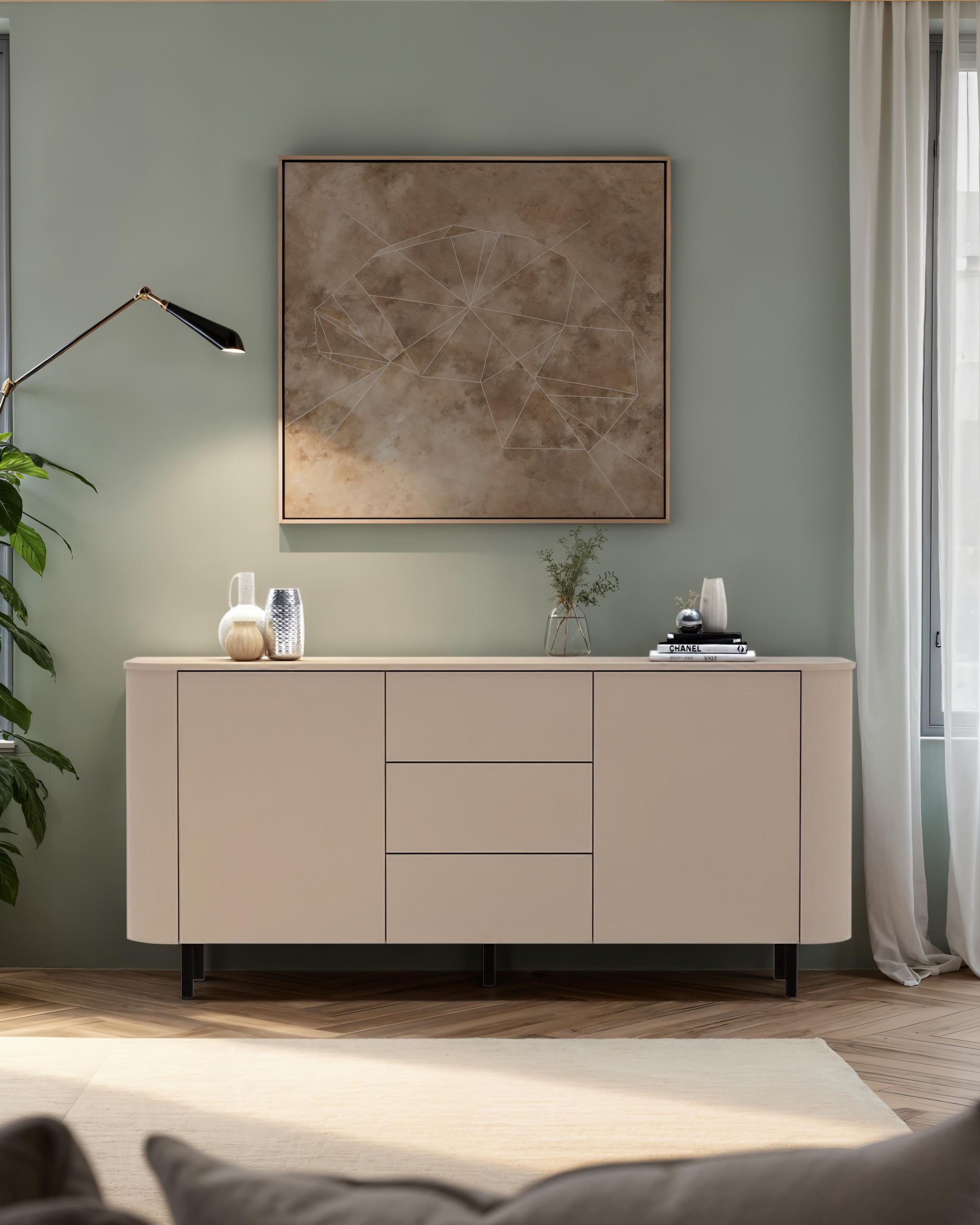 GOODproduct Sideboard »Lido, 181 cm breit, 2 Türen, 3 Schubkästen, Kommode, Stauraumschrank« Formgebogenes MDF, Stirnseiten mit Rundung, Push-to-open, Metallfüsse