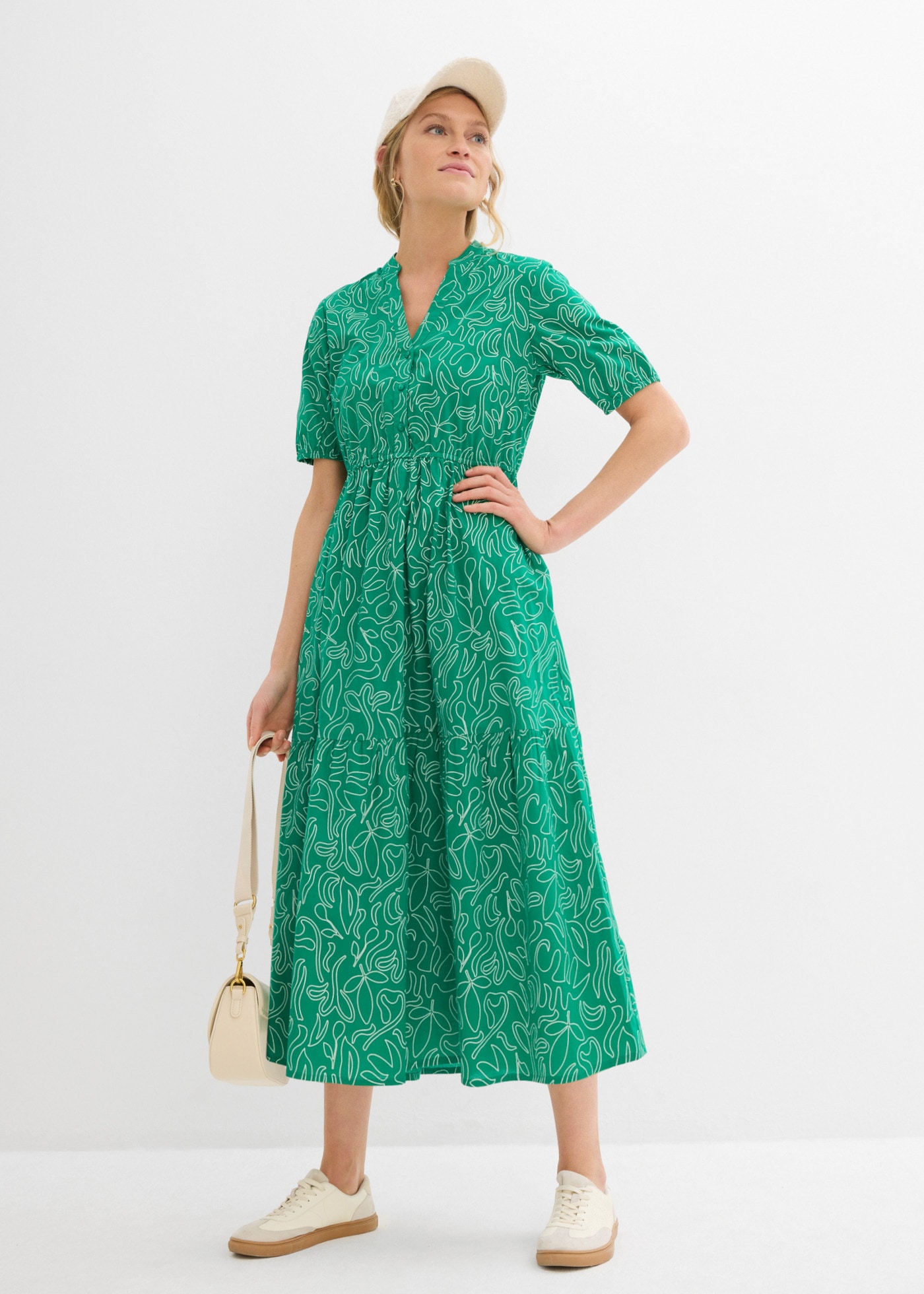 bonprix Midikleid körperumspielende Form, mit Henleykragen, Halbarm-Design