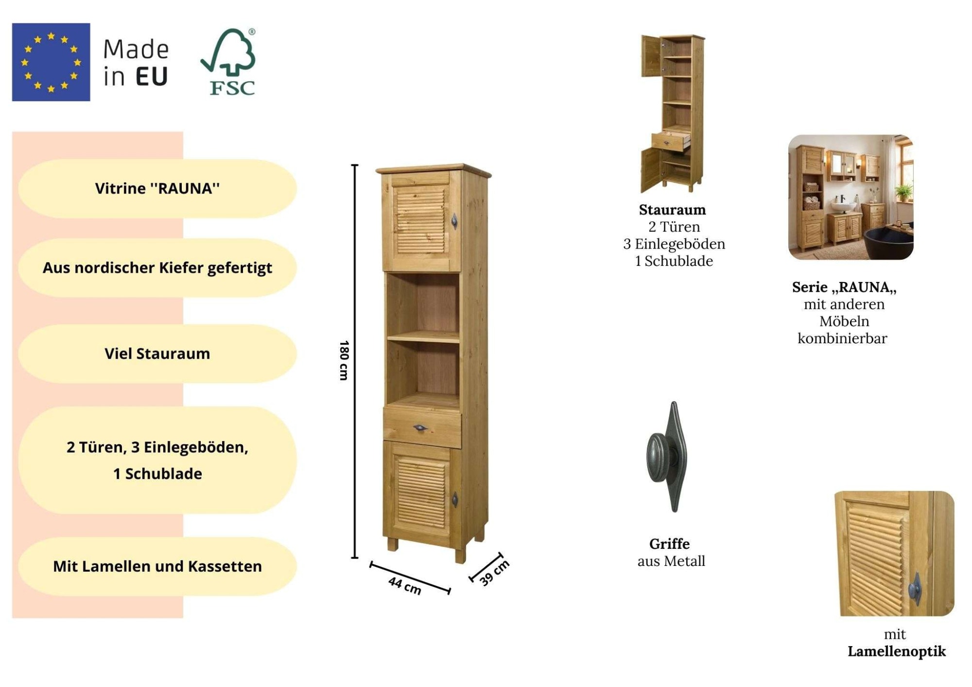 GOODproduct Hochschrank »Rauna« aus massiver Kiefer, Breite 44 cm, Rillenoptik, made in EU