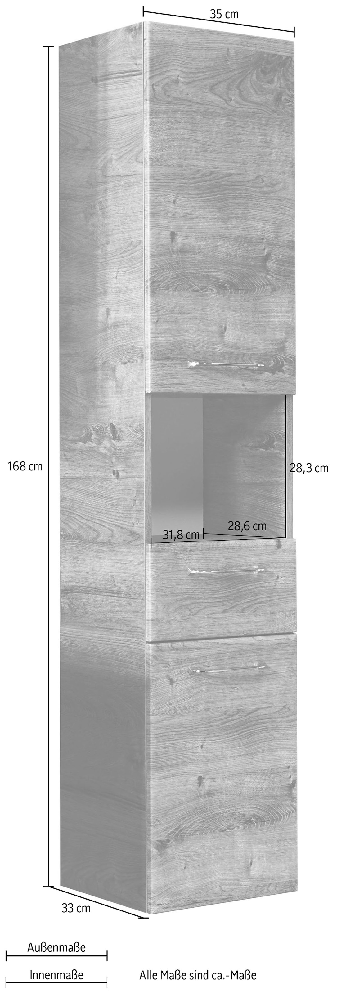 Saphir Armoire haute »Quickset Badschrank 35 cm breit, 2 Türen, 1 Nische, 1 Schublade« armoire haute de salle de bain avec amortisseur de porte, poignées chrome brillant