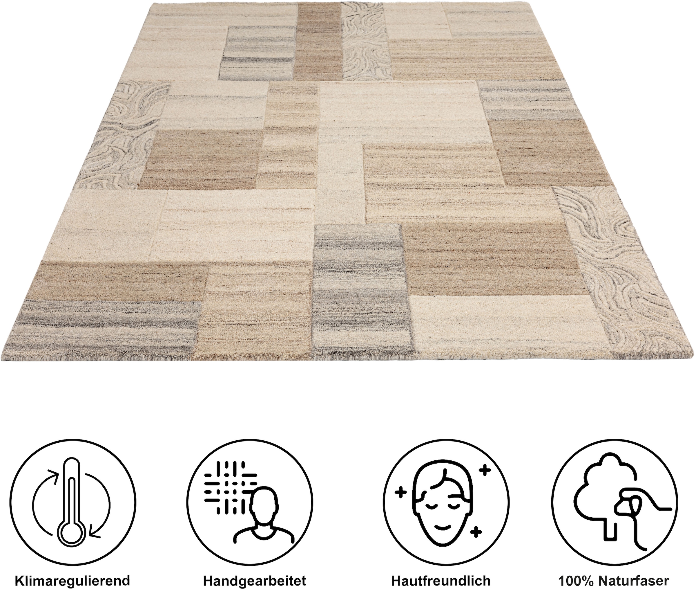 THEKO Tapis en laine »Lola, Wolle, handgearbeitet, Patchwork Design, handgetuftet« Rectangulaire 12 mm Höhe Wohnzimmer, Schlafzimmer, Esszimmer, auch als Läufer und rund