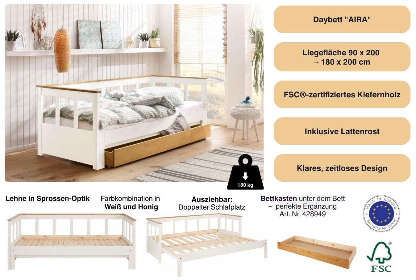 GOODproduct Daybett »"AIRA" Kinderbett, Gästebett, Skandi- Design, Schublade optional« FSC® zertifiziertes Massivholz,  mit ausziehbarer Liegefläche, ideal fürs Jugend- oder Gästezimmer
