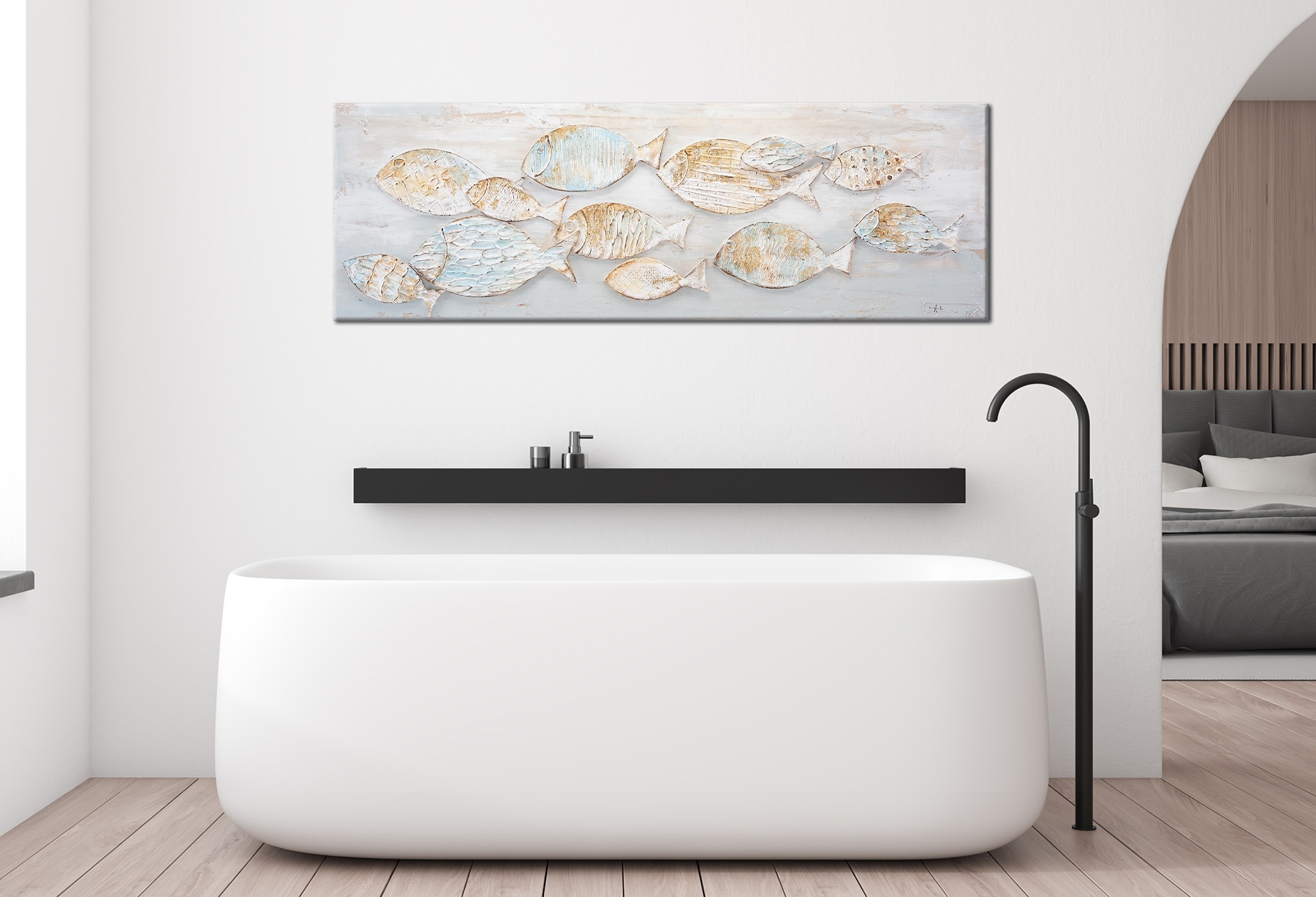 Bönninghoff Peinture à l'huile »handarbeit FISCHE 40x120 cm – Wandbild Kunst Deko modern« Mer | Poisson | Poisson et fruits de mer 1 cuis tlg. fabriqué à la main, chaque image est unique