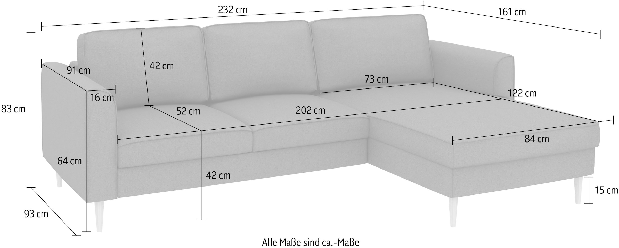Home affaire Canapé d'angle »Booster, whlw. mit Schlaffunktion & Bettkasten, Fuss Buche lackiert« recamière montable des deux côtés, forme en L, en velours côtelé & structure, L: 232 cm