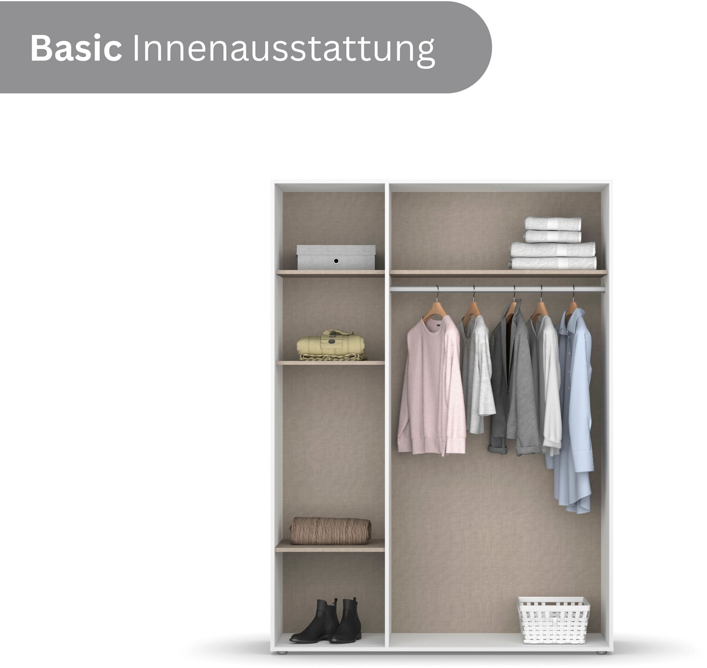 rauch Drehtürenschrank »Kleiderschrank Schrank Garderobe Wäscheschrank NAGATA mit Spiegel« in 3 verschiedenen Ausstattungen BASIC/CLASSIC/PREMIUM,  und modernen Stangengriffen in Graumetallic TOPSELLER MADE IN GERMANY