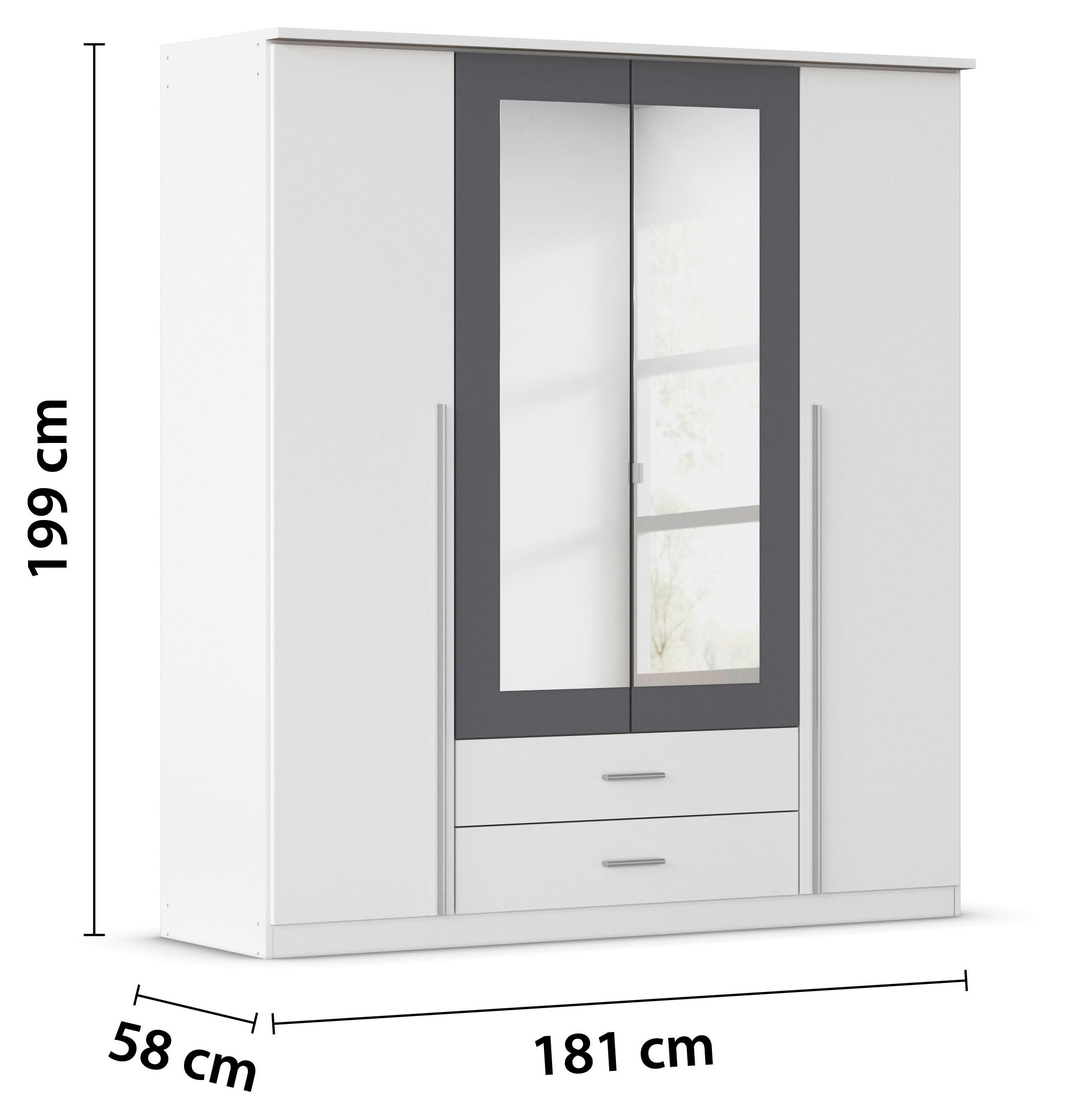 rauch Armoires à vêtements »Kleiderschrank Schrank Garderobe Wäscheschrank Ankleide KREFELD« Breiten: 136/181 cm, Höhe: 199 cm,  farblich abgesetzte Spiegelumrandung, Griffstangen MADE IN GERMANY