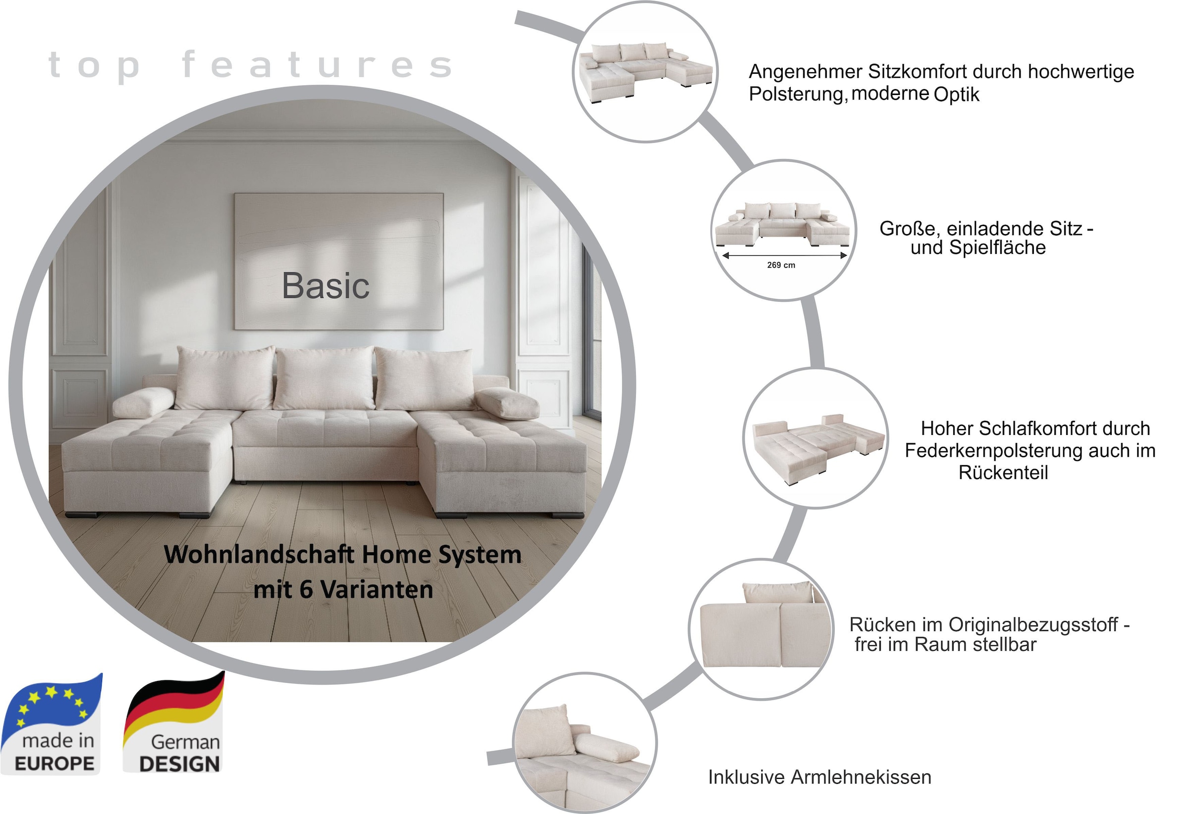 GOODproduct Wohnlandschaft »Home System U-Form, von B: 269-352 cm wählbar, 6 Varianten zur Auswahl« mit Bettfunktion, Bettkasten & Zierkissen, Federkern