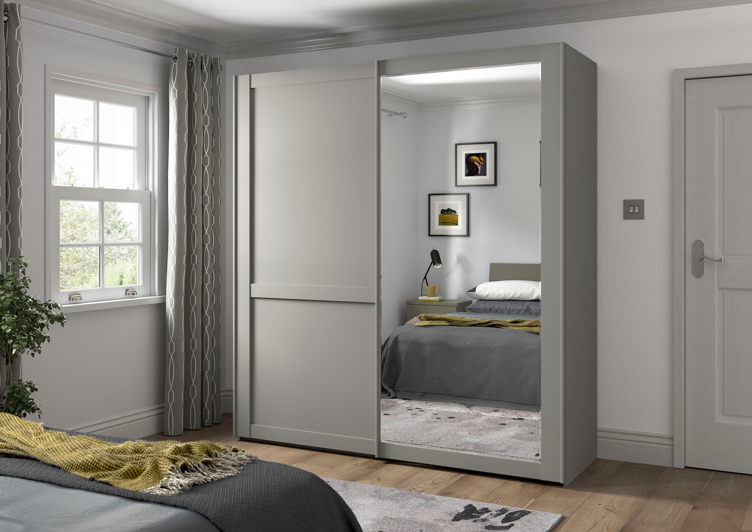 WIEMANN Schwebetürenschrank »Göteborg« Querriegel und Griffleisten im Korpusfarbton, inkl. Spiegel