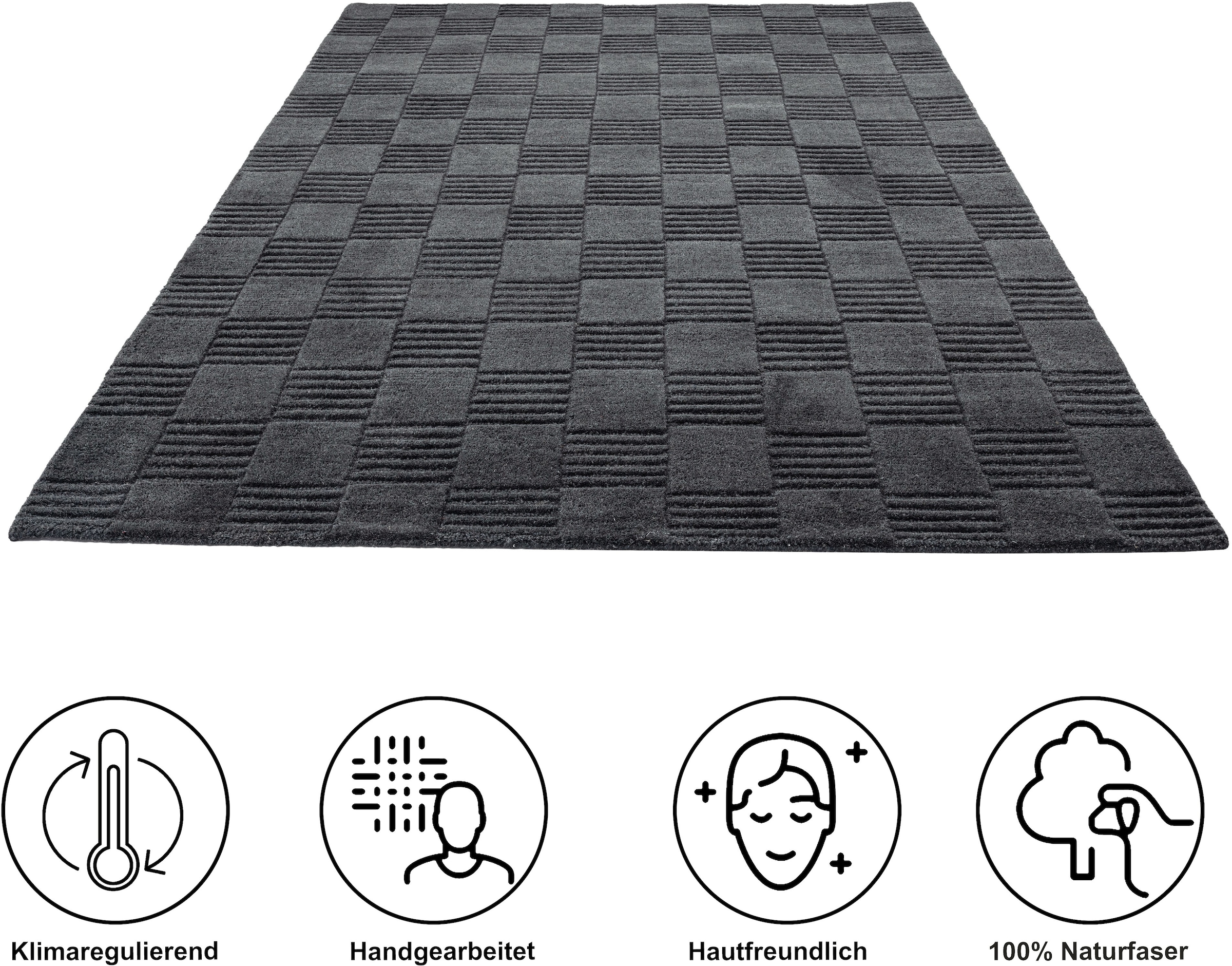 my home Tapis en laine »Motala, Handgefertigt, Wolle, Hoch-Tief-Effekt,« Rectangulaire 14 mm Höhe einfarbig, 3D-Design, Wohnzimmer, Schlafzimmer, Esszimmer