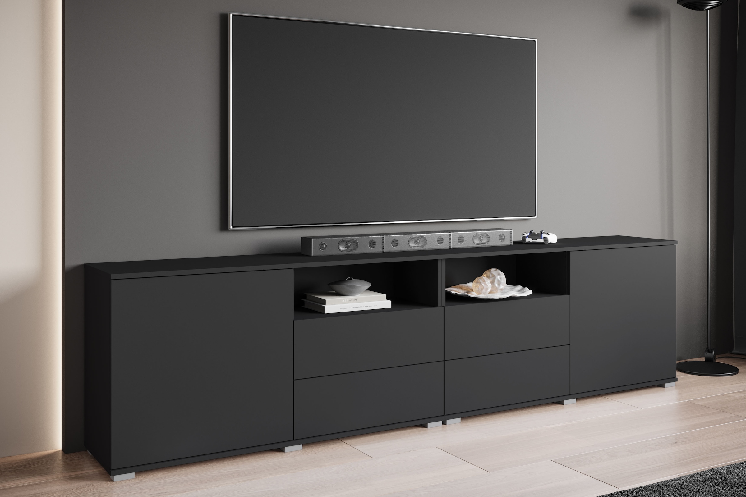 GOODproduct Lowboard »Kenia, TV-Schrank, 240 cm breit, mit 2 Türen und 4 Schubladen« 1 Stk. tlg. Höhenverstellbare Einlegeböden und offene Ablagefächer