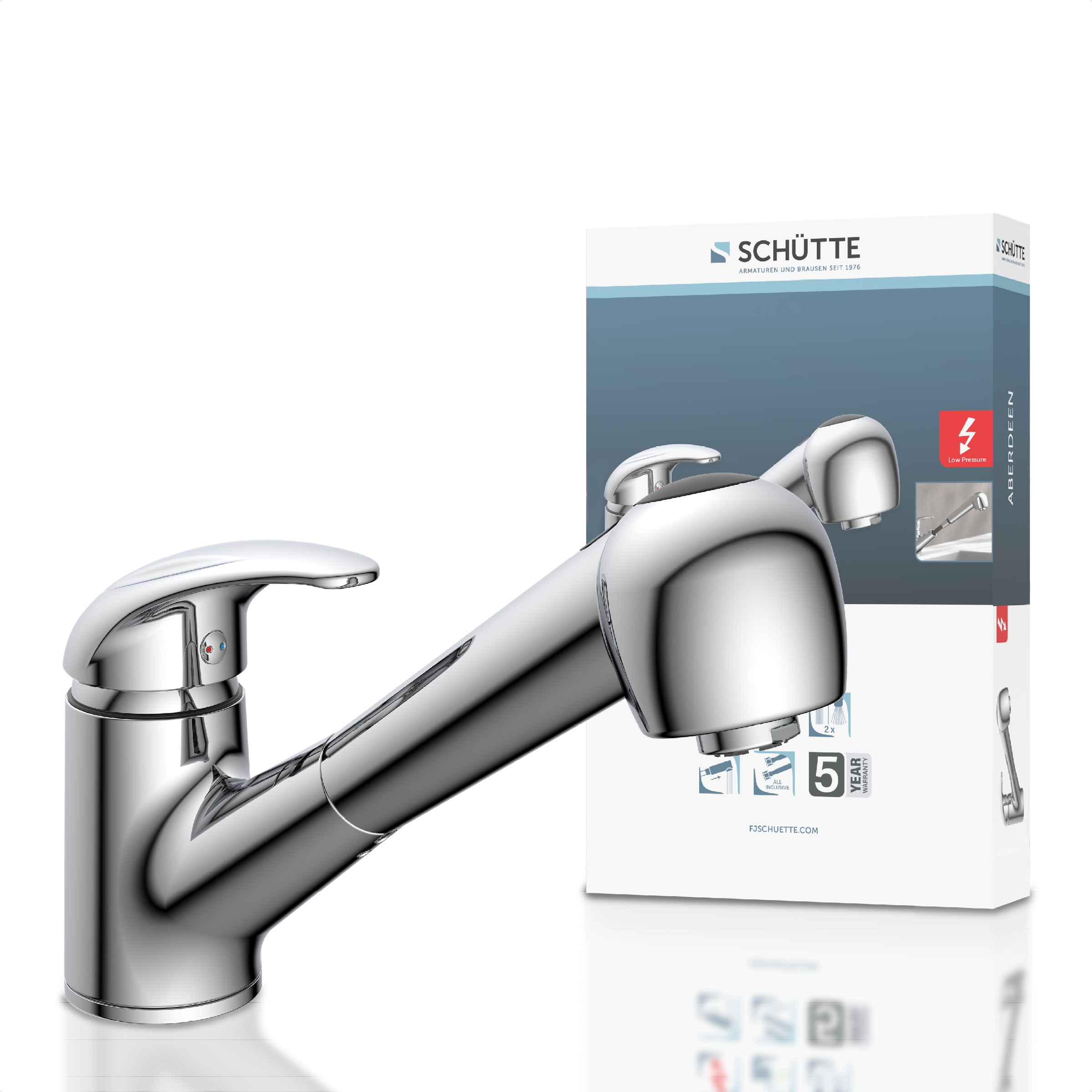 Schütte Robinet d'évier »ABERDEEN« mit Geschirrbrause, Niederdruck Armatur Küche, 150° schwenkbar, Chrom